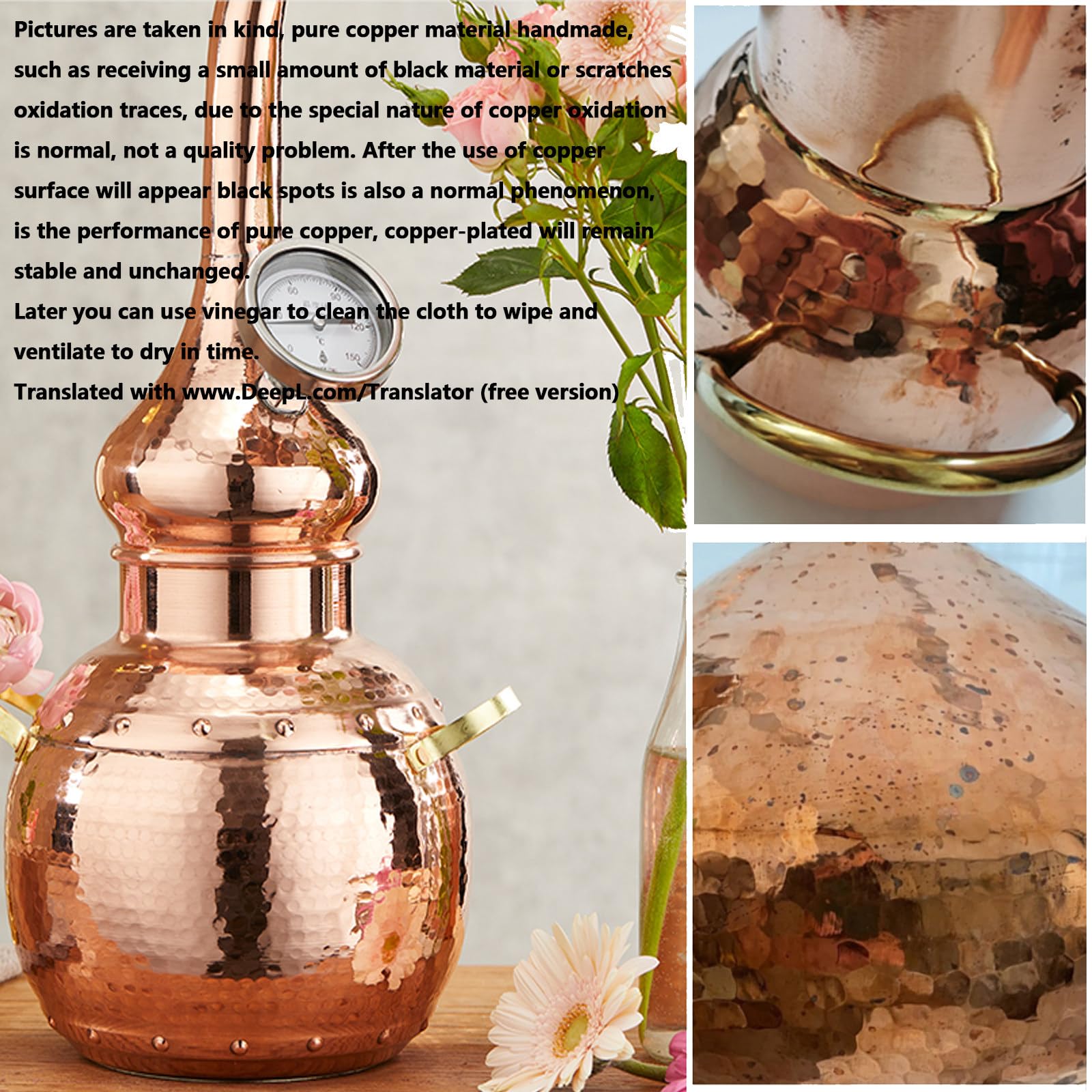 Alambique de Cobre Puro 3L,Kit de Destilacion Casero, Kit de Destilacion Casero DIY con Termometro, para Whiskey, Moonshine,Aceites Esenciales,Hidrosoles,Etc