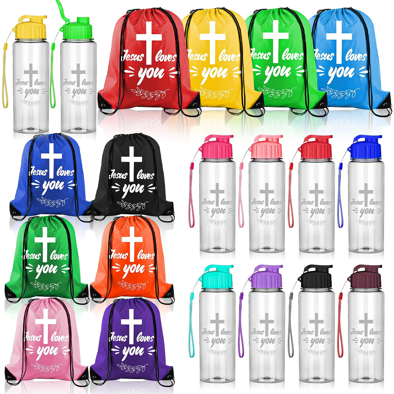 20 Pcs Christian Party Favors Bulk Church Gifts Includes 10 Jesus Loves You Drawstring Backpack 10 Christian Sport Bottles for Church, Bible Verse Party Favors Supplies Religious Bags