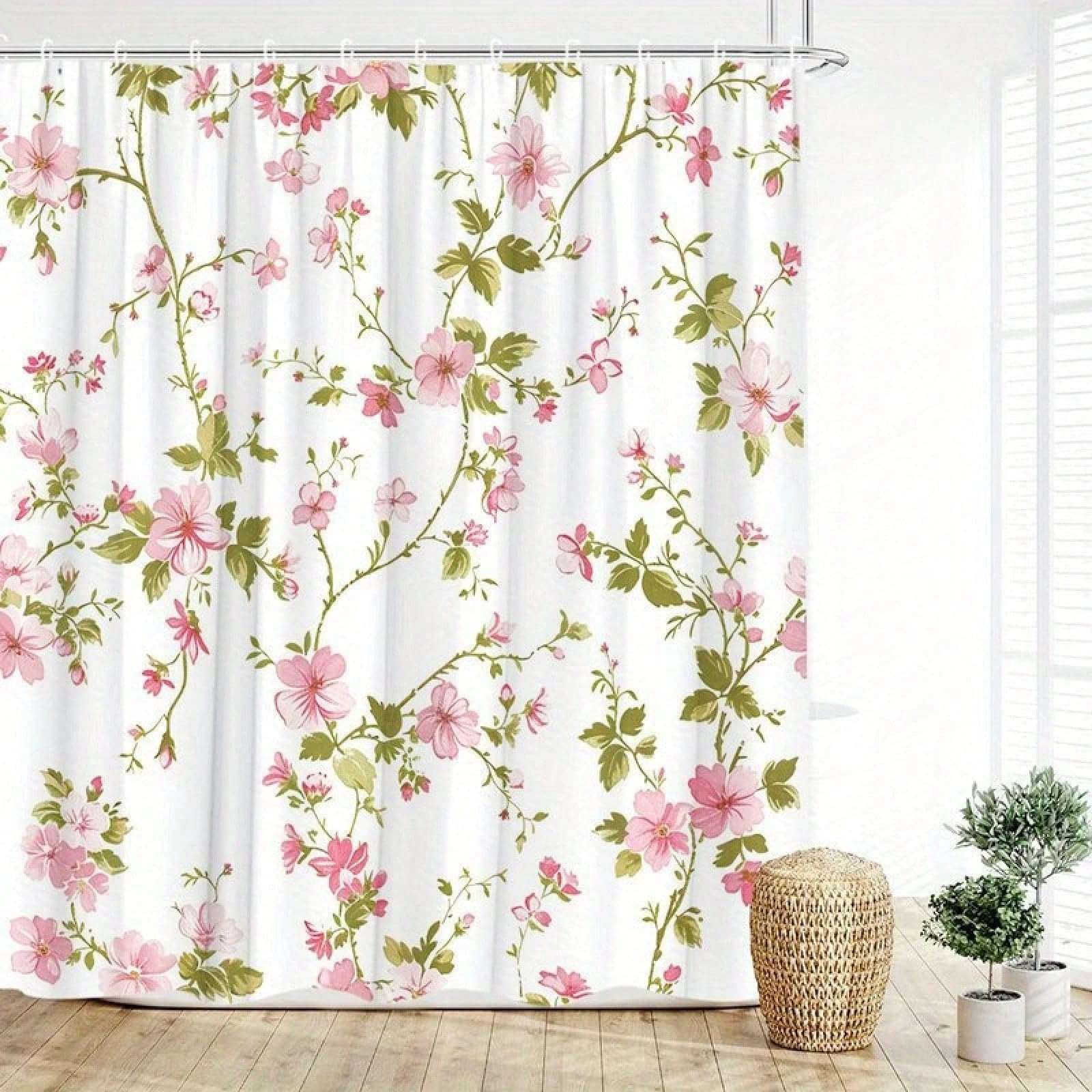 GLKSDLPO Vintage Plantthemed Shower Curtain Featuring Pink And White Flowers Paired With Green Leaves for Wet Room(123x205cm/48x81in(WxH)