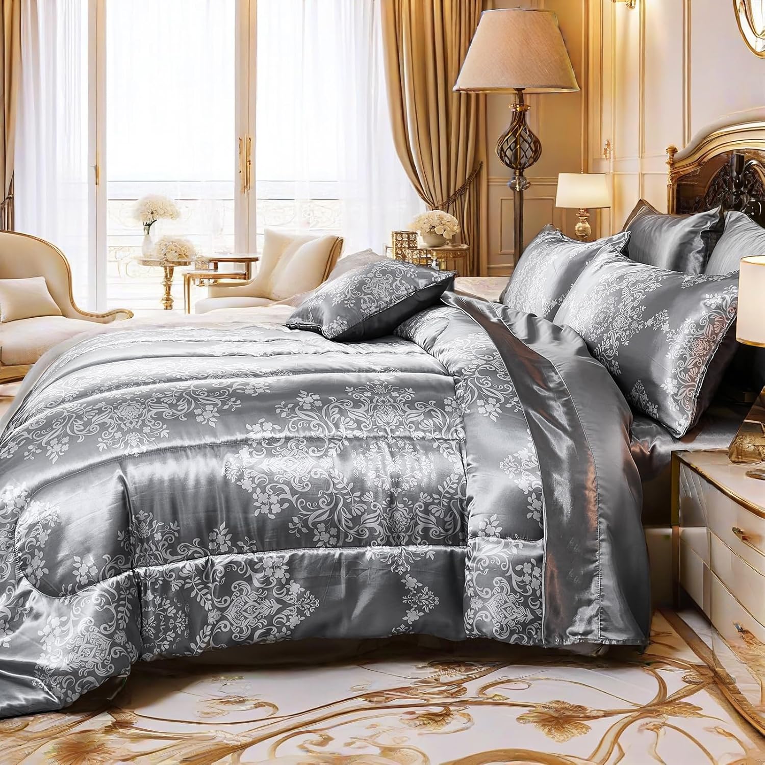 MOVE OVER 8 Pieces Gray Satin Comforter Set King Size Silk Like Satin Bed in a Bag Soft and Elegant Euro Floral Comforter Set with Sheet Set Boho Chic Flower Pattern Luxury Bedding Set
