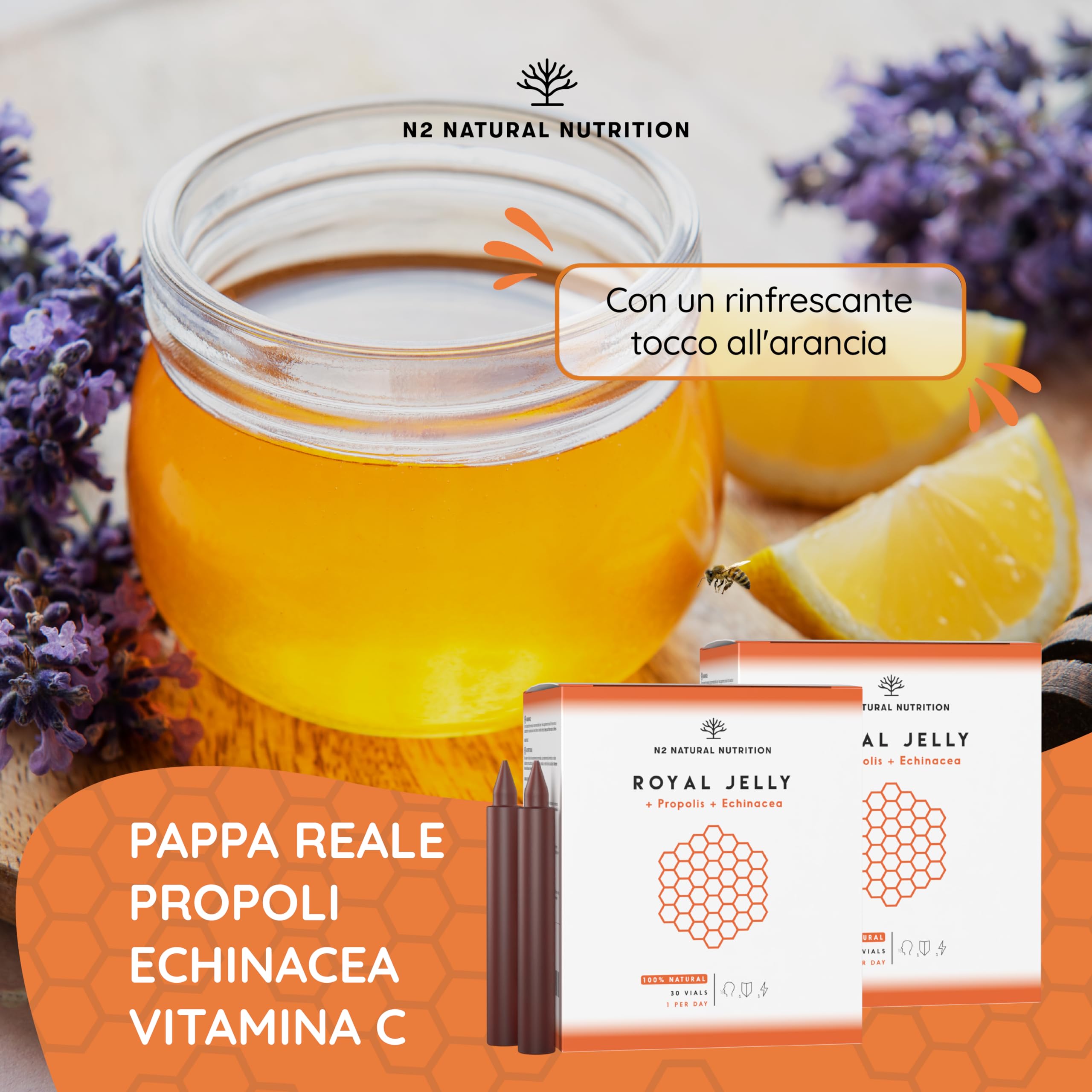 Pappa Reale con Propoli, Echinacea e Vitamina C (80 mg). 60 Flaconcini. Aumenta la Vitalità, Rafforza le Difese Immunitarie di Adulti e Bambini, Riduce i Sintomi di Fatica. CE. N2 Natural Nutrition