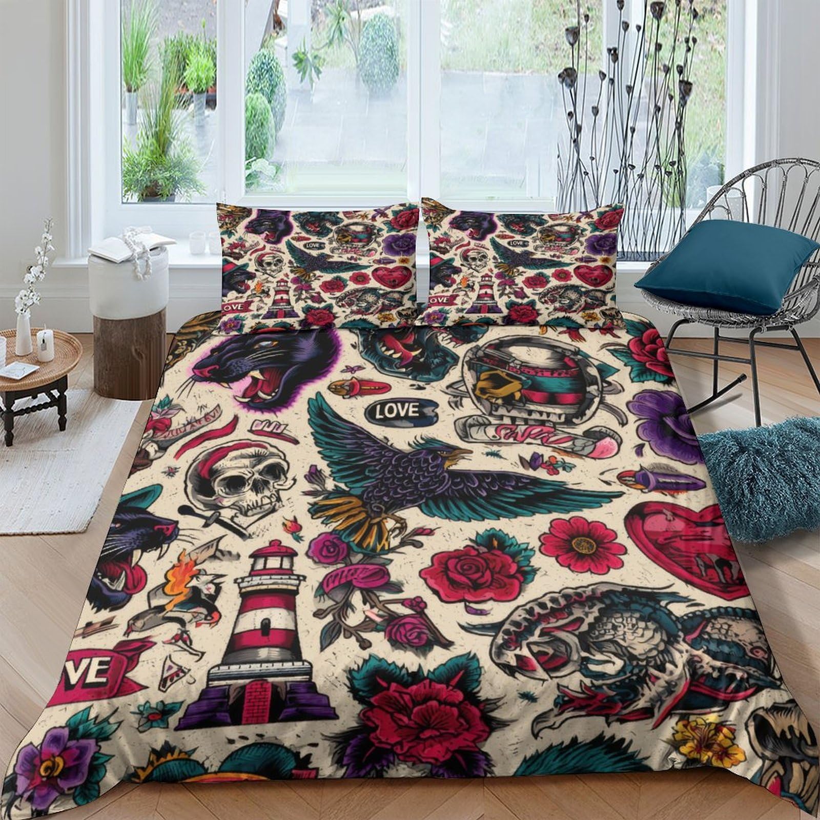 Ctjqhvkz Style-8 3D Printed Tattoo Skull Fitted Sheet Microfiber Soft Decor Old School Rose Mattress Cover For Bedroom Guest Room Single（135X200cm）