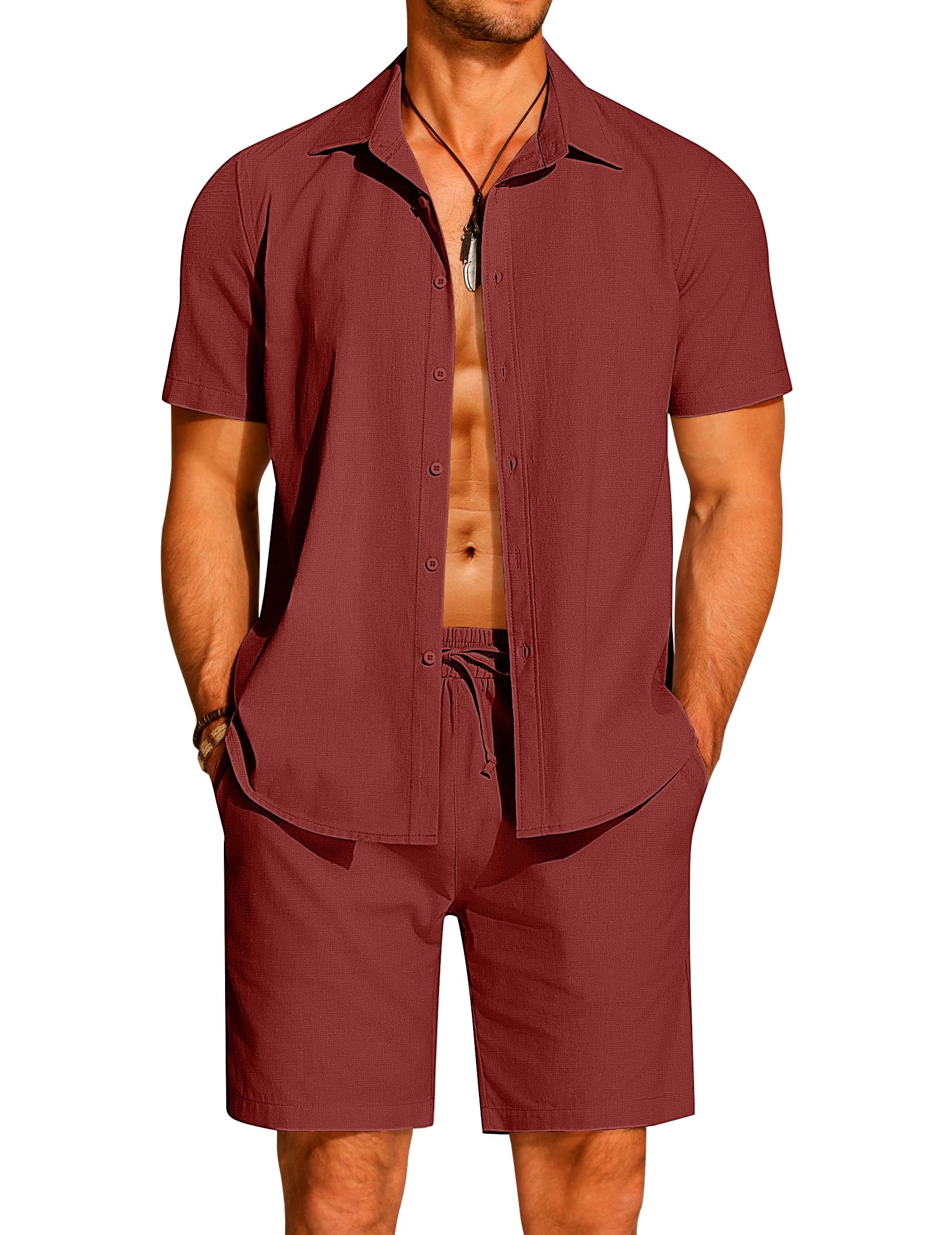 COOFANDY Men's 2 Pieces Cotton Linen Set Short Sleeve Button Down Shirts Summer Beach Shorts Casual Outfits
