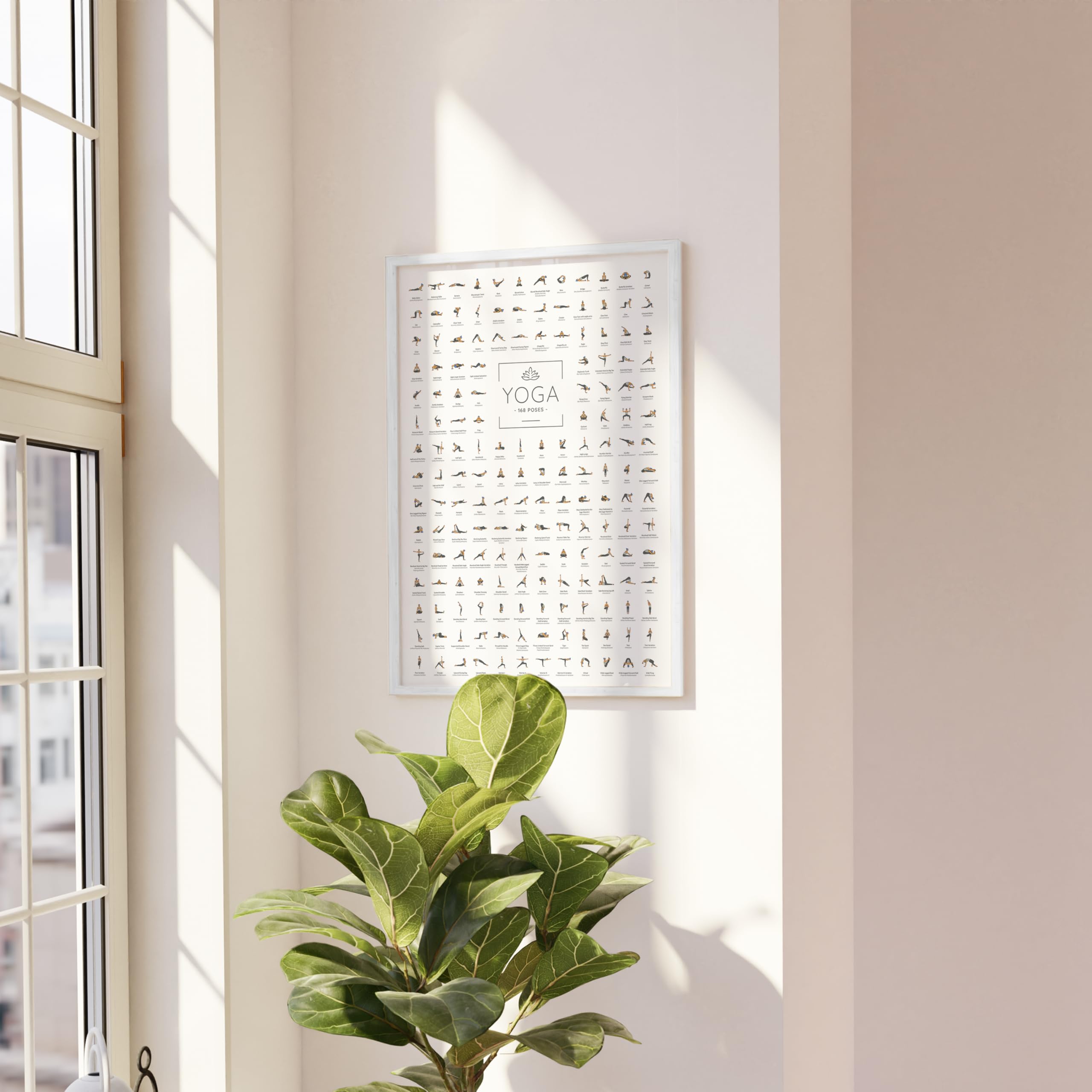 JUNOMI® Yoga Poster DIN A2 Rahmen Weiß | 168 Asanas, Yoga Übungen | Wanddeko für Yogastudio, Übungsraum und Zuhause, alle Posen alphabetisch von Baby Cobra bis Wild Thing