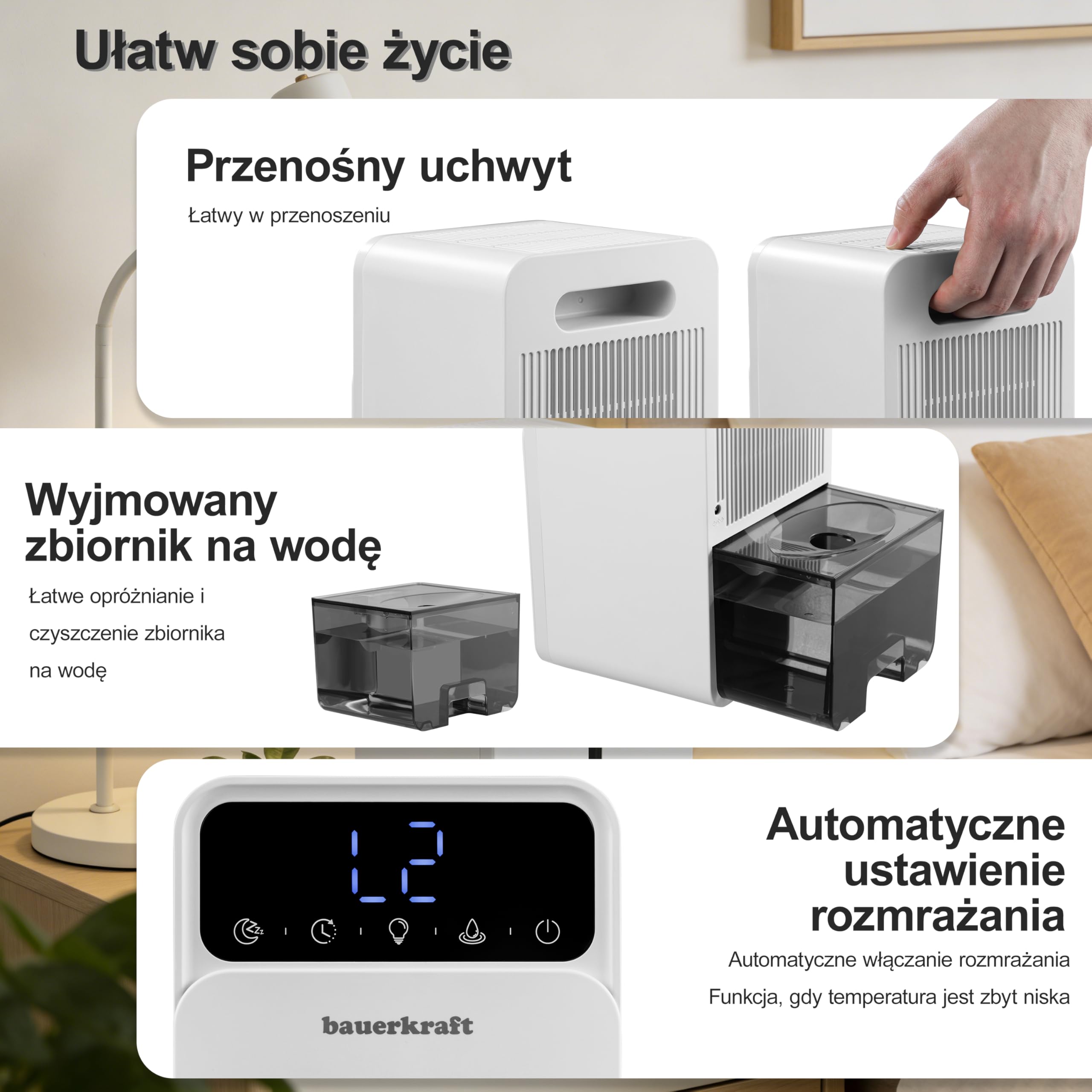 Kompaktowy cichy mini osuszacz powietrza pochłaniacz wilgoci 350ml/24h 1,2l Bauerkraft