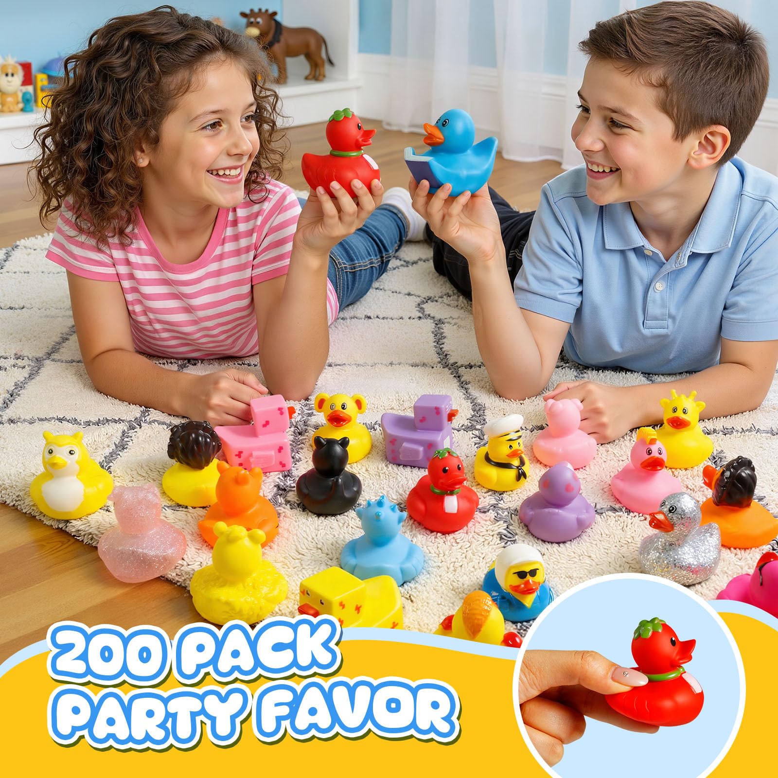 The Ultimate - Juego de juguetes para fiestas y baño: patos de goma de colores aleatorios en bolsa de malla para el baño del bebé, recuerdos de fiesta en la piscina y juegos divertidos para niños (200