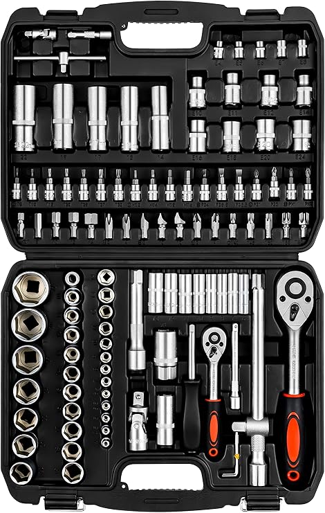 XHTT Mechanics Tools Kit,108-Piece 1/4&1/2 Metric And Standard Socket Set,Ratchet Set,Quick Release Reversible Ratchet Wrench,Universal Joint,Extension Bars.