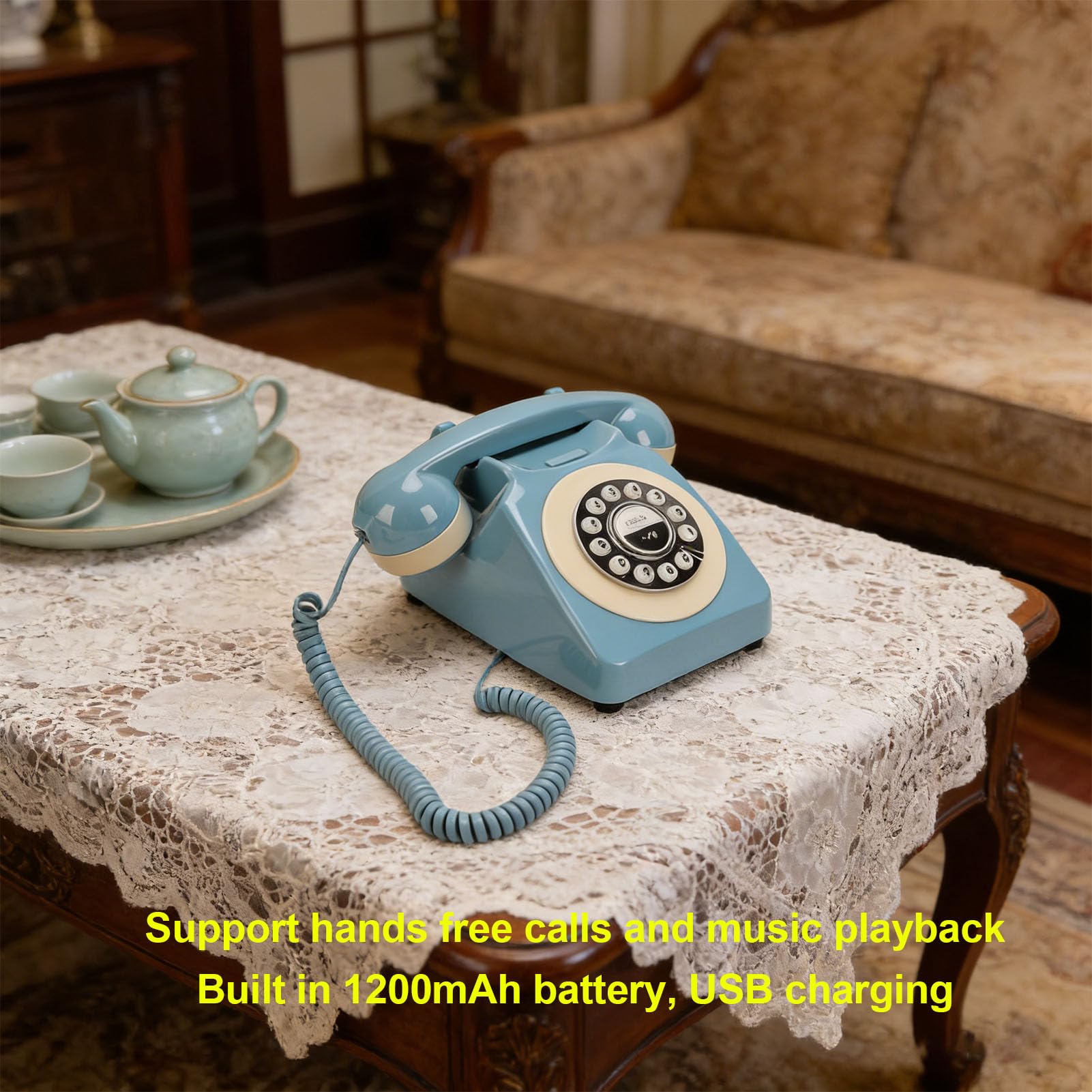 Bluetooth-Retro-Telefon, Vintage-Tischtelefon mit USB-Ladefunktion, Freisprechfunktion und Musikwiedergabe für das Homeoffice (Blue)