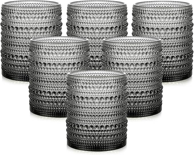Vintage Glassware Drinking Glasses Set of 6,12 oz Hobnail Glass Cups,Embossed Purple Water Tumbler,for Beer,Cocktail,Whiskey,Juice and Various Mixed Drinks- 1 Cleaning Brush