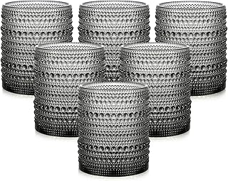 Vintage Glassware Drinking Glasses Set of 6,12 oz Hobnail Glass Cups,Embossed Grey Water Tumbler,for Beer,Cocktail,Whiskey,Juice and Various Mixed Drinks- 1 Cleaning Brush