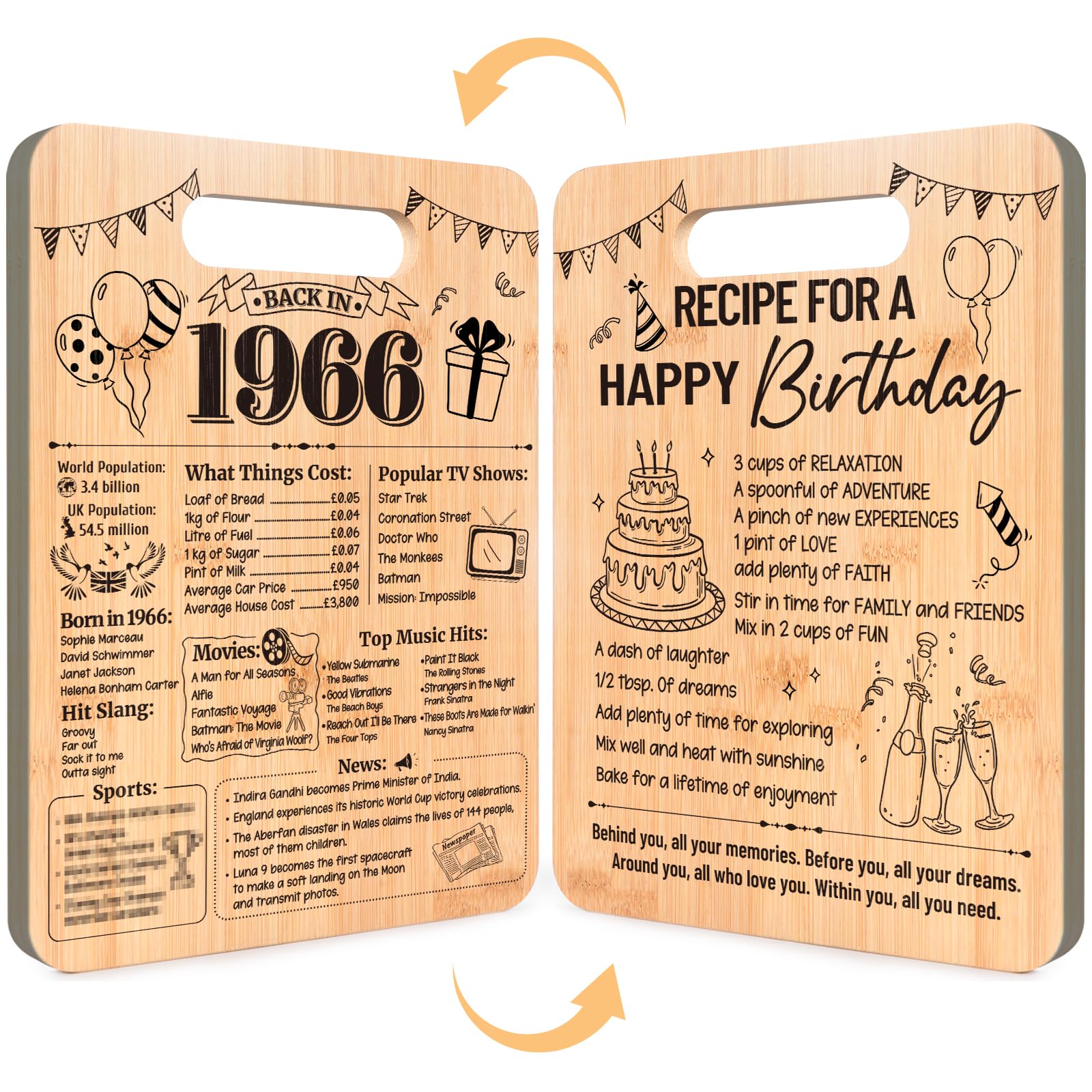 60th Birthday Gift for Women Men, Luvart 60 Year Old Birthday Gifts to Her Him, Back in 1966 Bamboo Cutting Board Double Sided, 60th Happy Birth Day Kitchen Present for Grandma Grandad Dad Mum