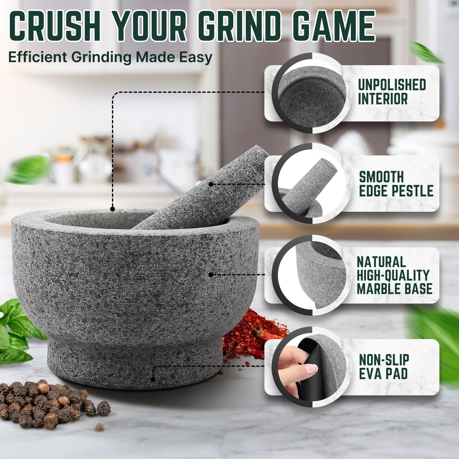 Flexzion Granite Mortar and Pestle Set, 4 Cup Large Mortar and Pestle Molcajete Bowl Stone Grinder Bowl Muddler and Bowl with Garlic Peeler and Non-Slip Mat for Guacamole, Herbs, Spices, Gray