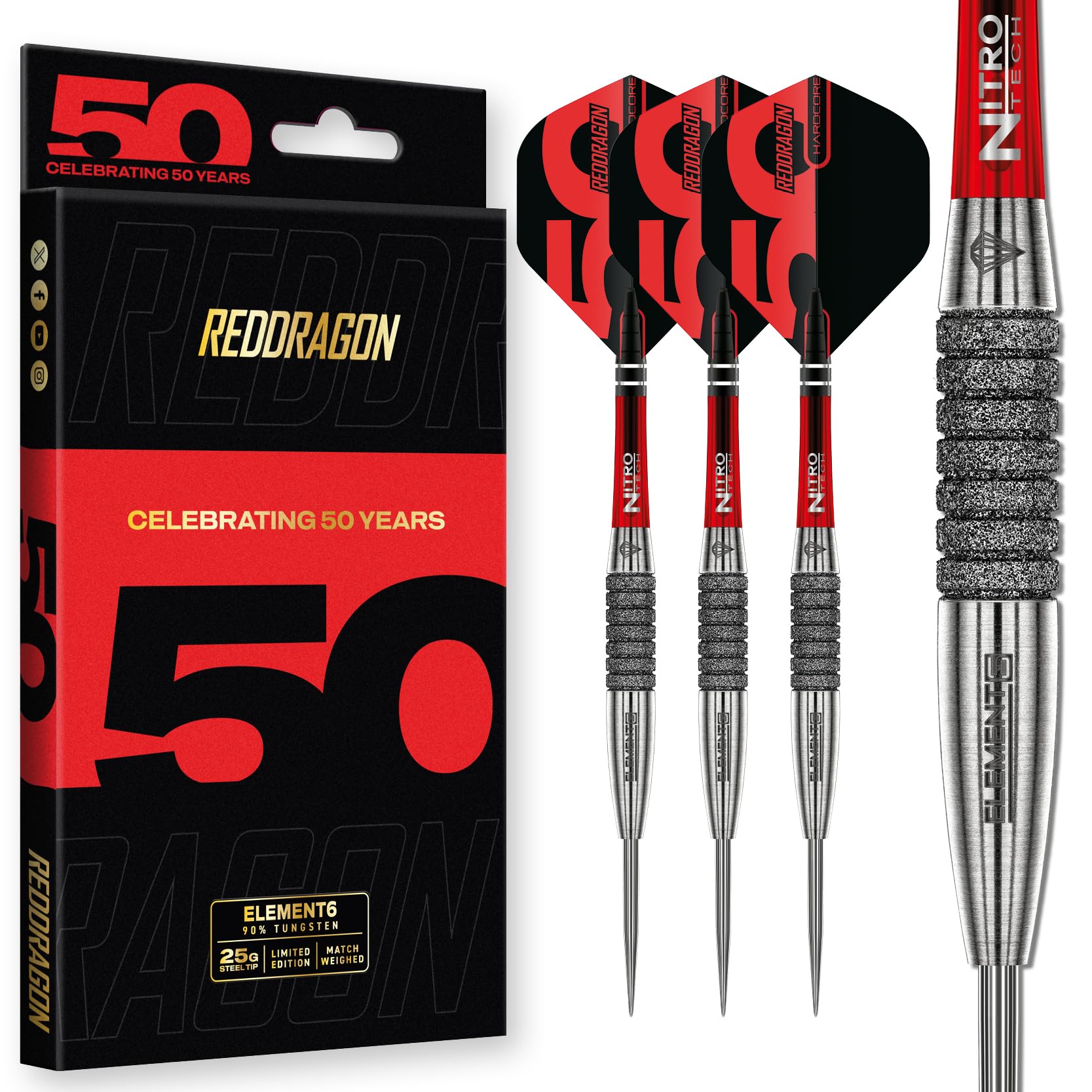 RED DRAGON DARTS - 50 Year Classics Collection - Element6-25g - 90% Tungsten Darts set - Professional Steel Tip Set - Includes Dart Flights & Dart Stems (Shafts)