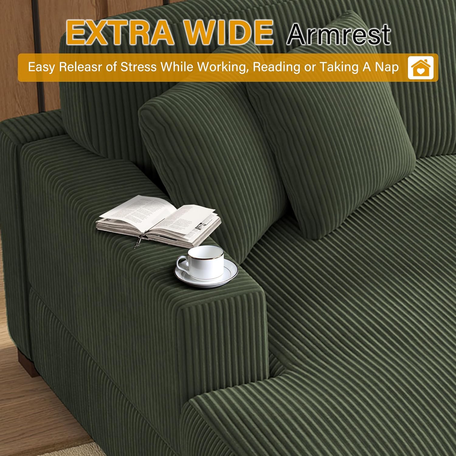UIXE 84" Corduroy Modular Sectional Sofa Couch with L-Shape Chaise Lounge, Modern Upholstered Couches for Living Room, Minimalist Cloud Deep Seat Corner Couch - Green, Right Facing Chaise