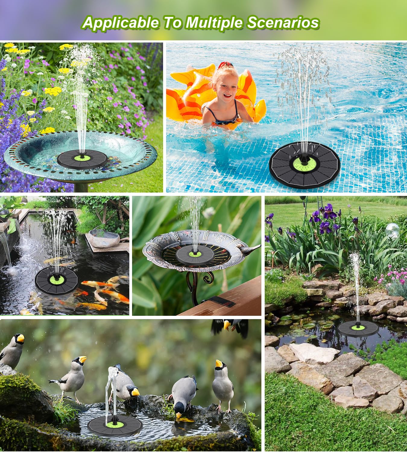 SZMP Fontana Solare 3.5W, Pompa ad Acqua Solare, Fontana da Giardino Esterno con 7 Ugelli & 4 Fissatori per Laghetto, Piscina, Acquario, Vaso dei Pesci e Bagno per Uccelli (Nero)