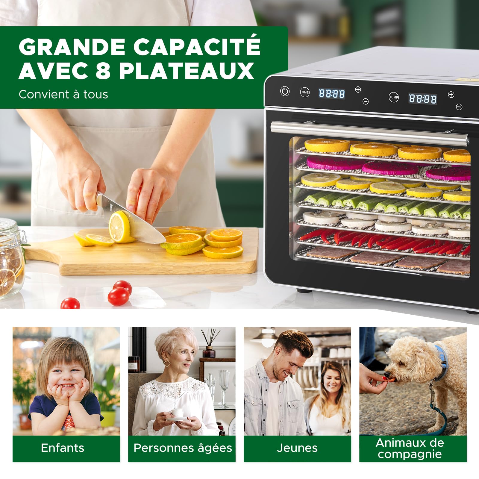 Kwasyo Deshydrateur Alimentaire Avec 8 Plateaux Inox, 700W, Minuteur 24H, 30 à 85°C, Calme Food Dehydrator pour Fruits, Légumes, Viande, Poisson, Herbes et Champignons, Recettes en Anglais, Sans BPA