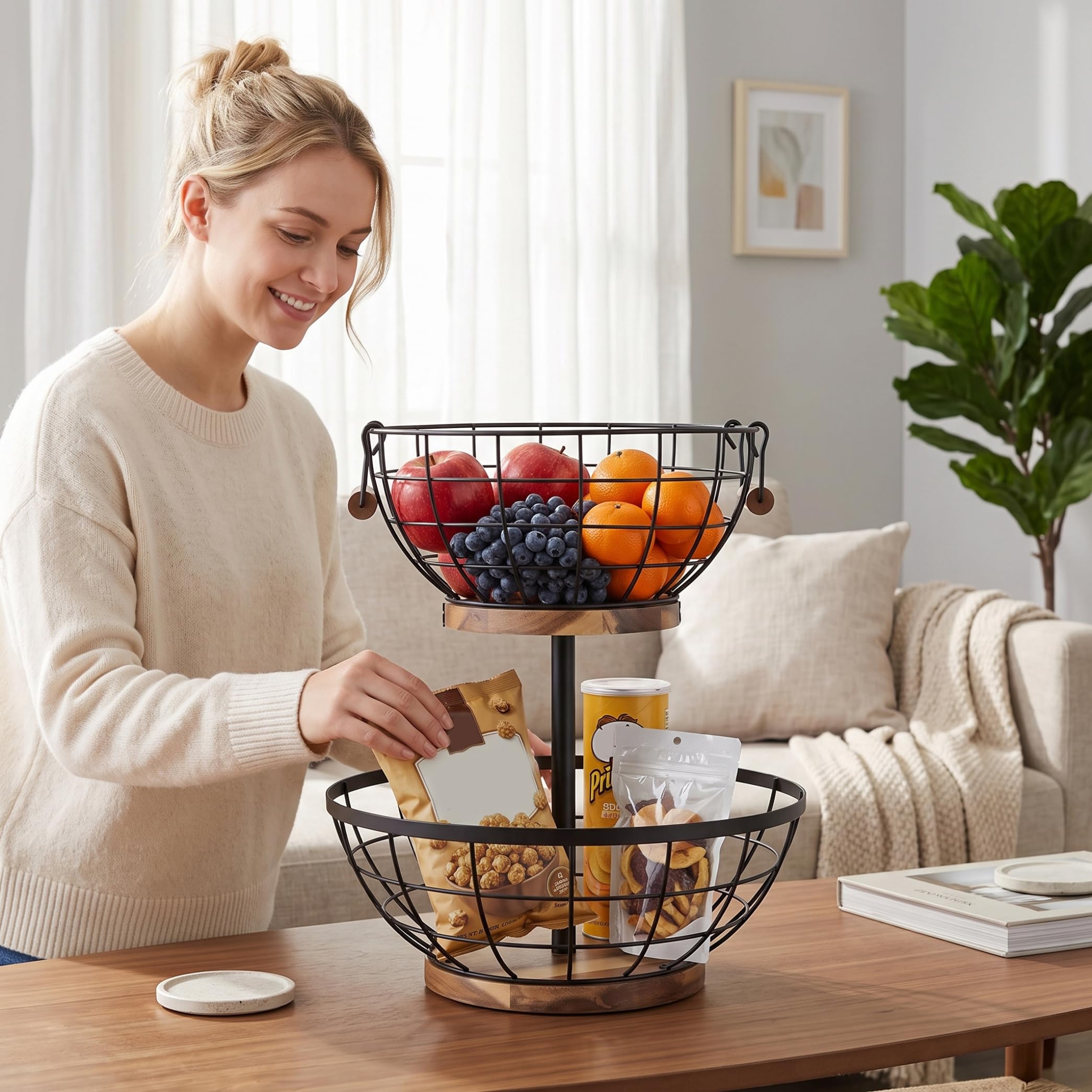 Obstkorb Ständer 2 Etagen Metall Obstkorb mit rutschfestem Holzboden