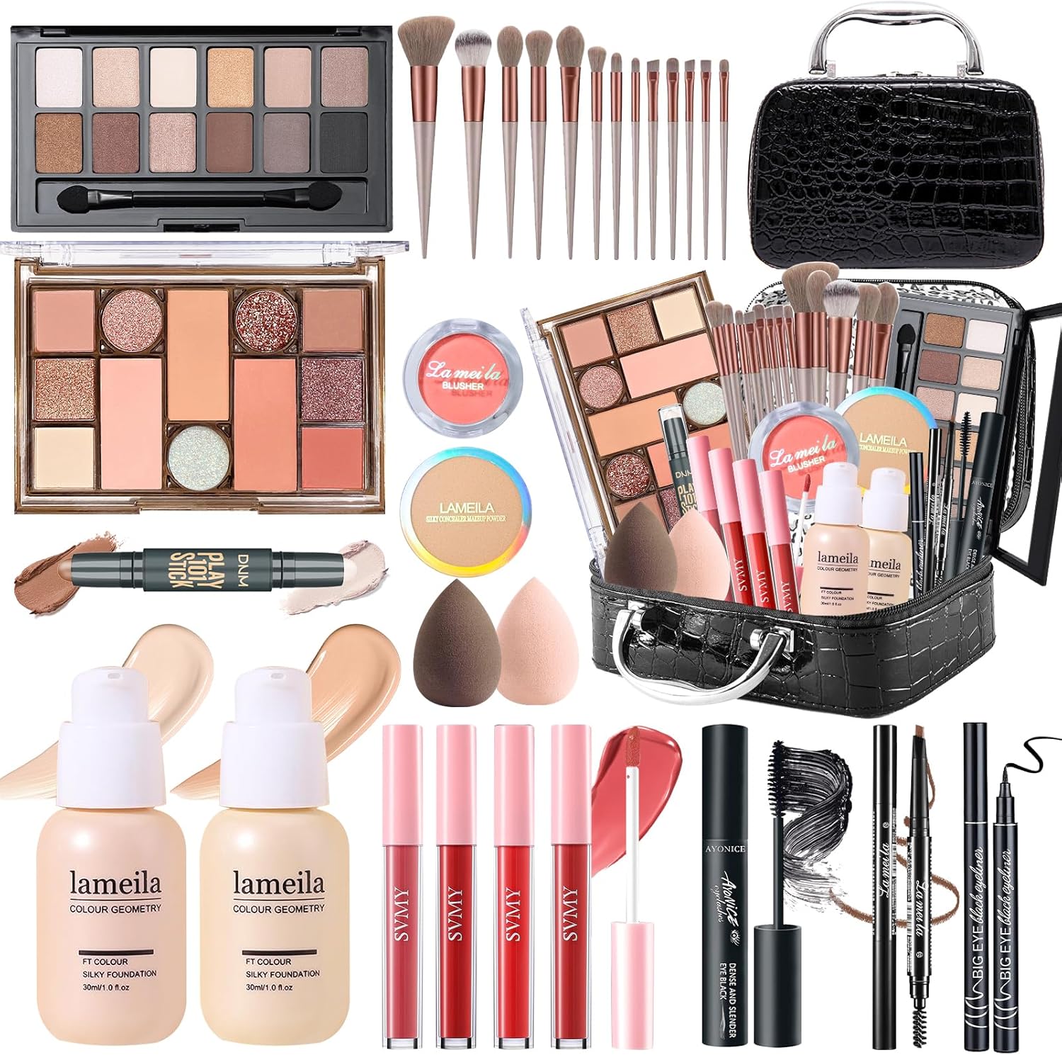 YBUETE Makeup Set, Makeup Kit for Women and Girls, Make Up Set Full Kit, Includes Foundation, Eyeshadow, Blusher, Eyebrow Pencil, Mascara, Eyeliner, Brushes, Lip Gloss with Storage Case – Black