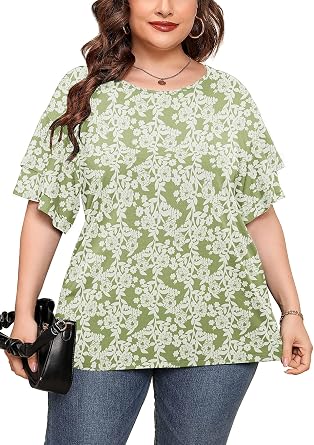 AusLook Plus Size Tunic Tops for Women Double Ruffle Short Sleeve 1X-5X