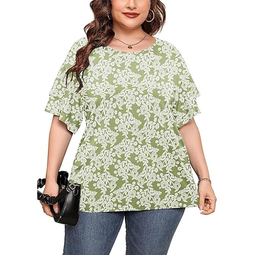 AusLook Plus Size Tunic for Women Double Ruffle Short Sleeve Clothes Loose Fit Clothing Flowy Shirts Summer Tops