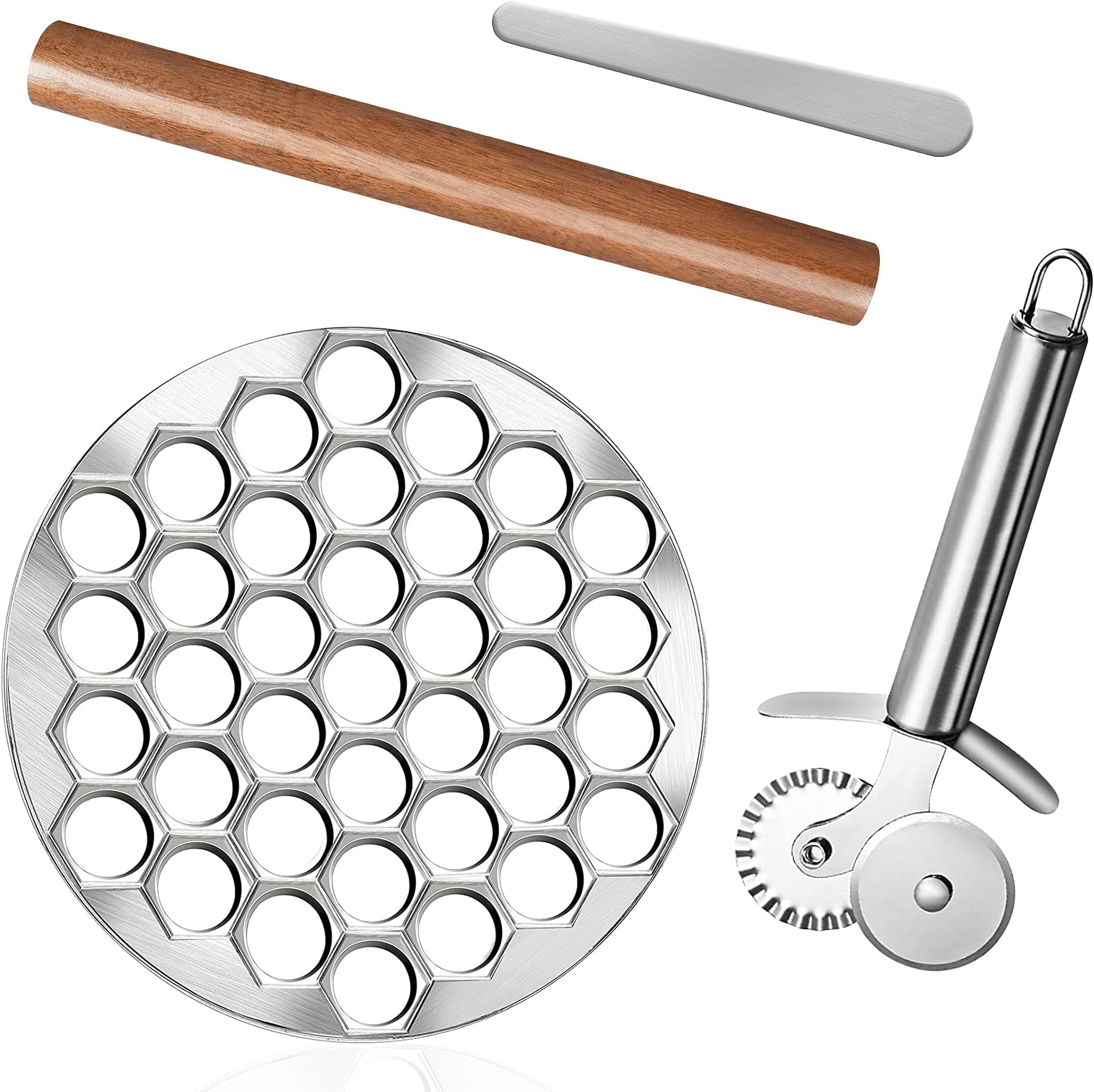 Ravioli Dumpling Mold, Food Grade Safe Dumplings Maker, Russian Pelmeni Maker with 37 Holes Double, Pastry Ravioli Wheel Cutter and Roller Pin for Making Dumplings Ravioli