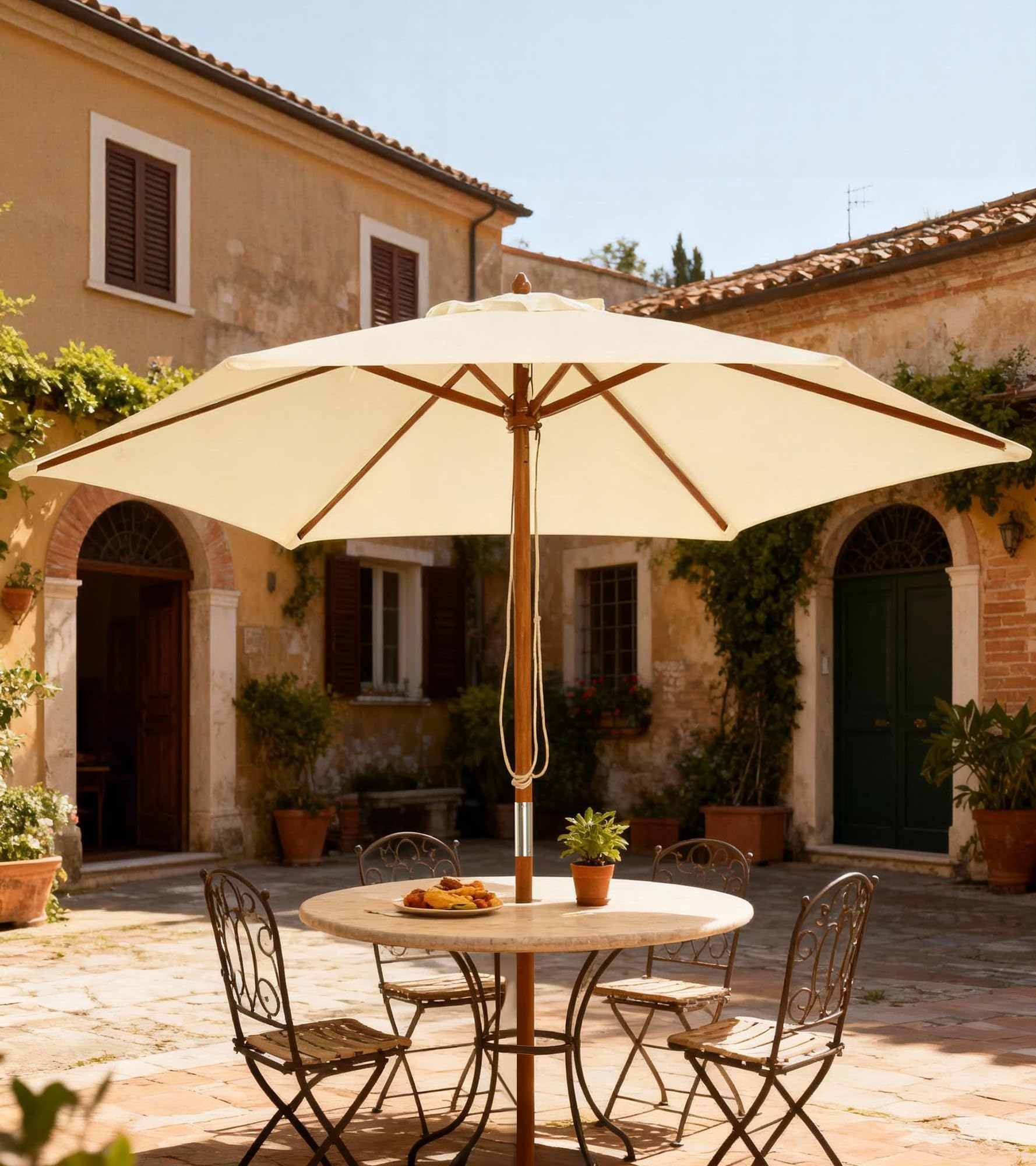 Outsunny Ombrellone da Giardino 2.5x2.3m, Ombrellone Parasole a 6 Stecche in Legno e Poliestere, Beige