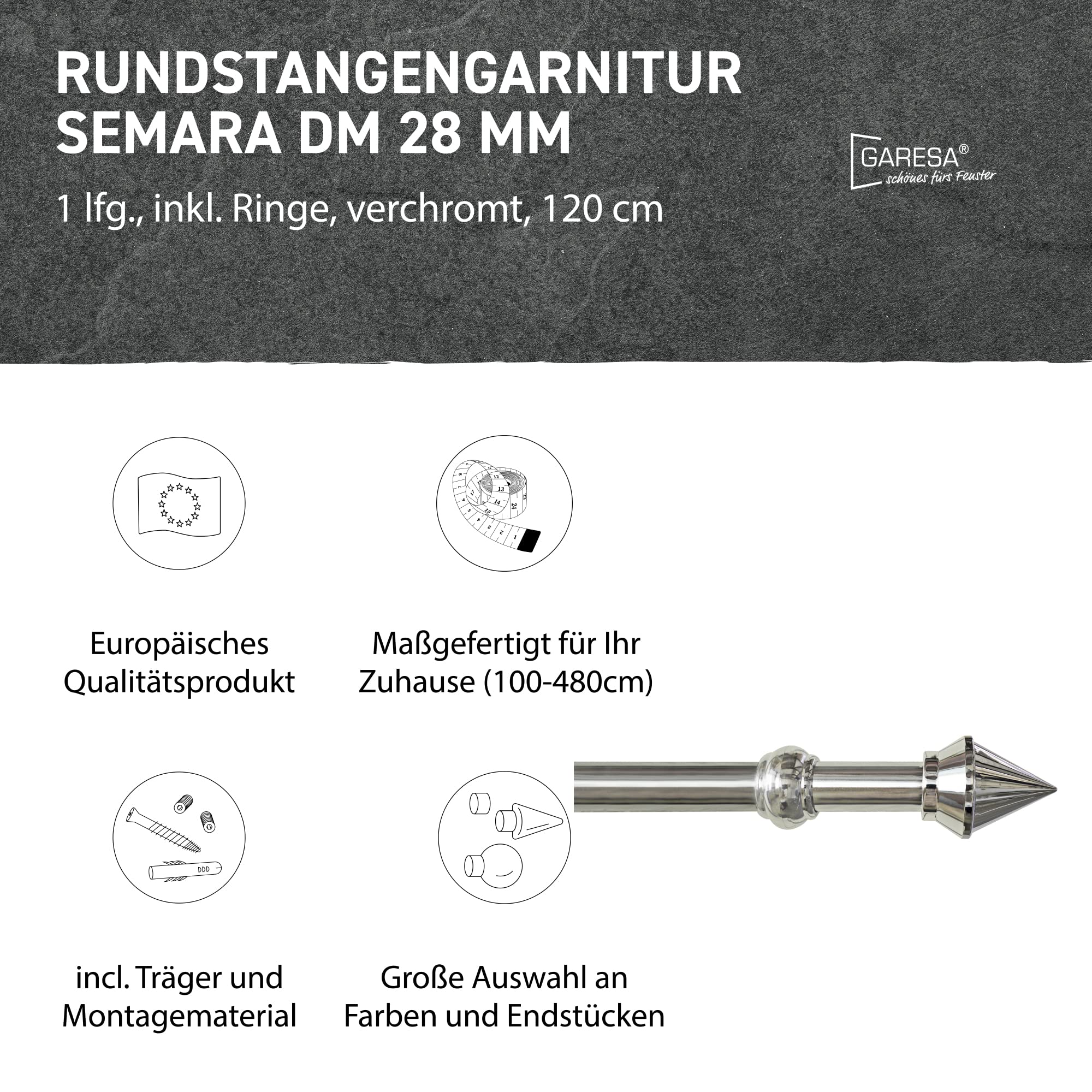 Garesa Gardinenstange Semara Ø 28mm, 1-läufig, Verchromt I Stabile Vorhangstange inkl. Ringe + Faltenlegehaken I Mit Endknopf Spitze I Wandmontage I 120cm