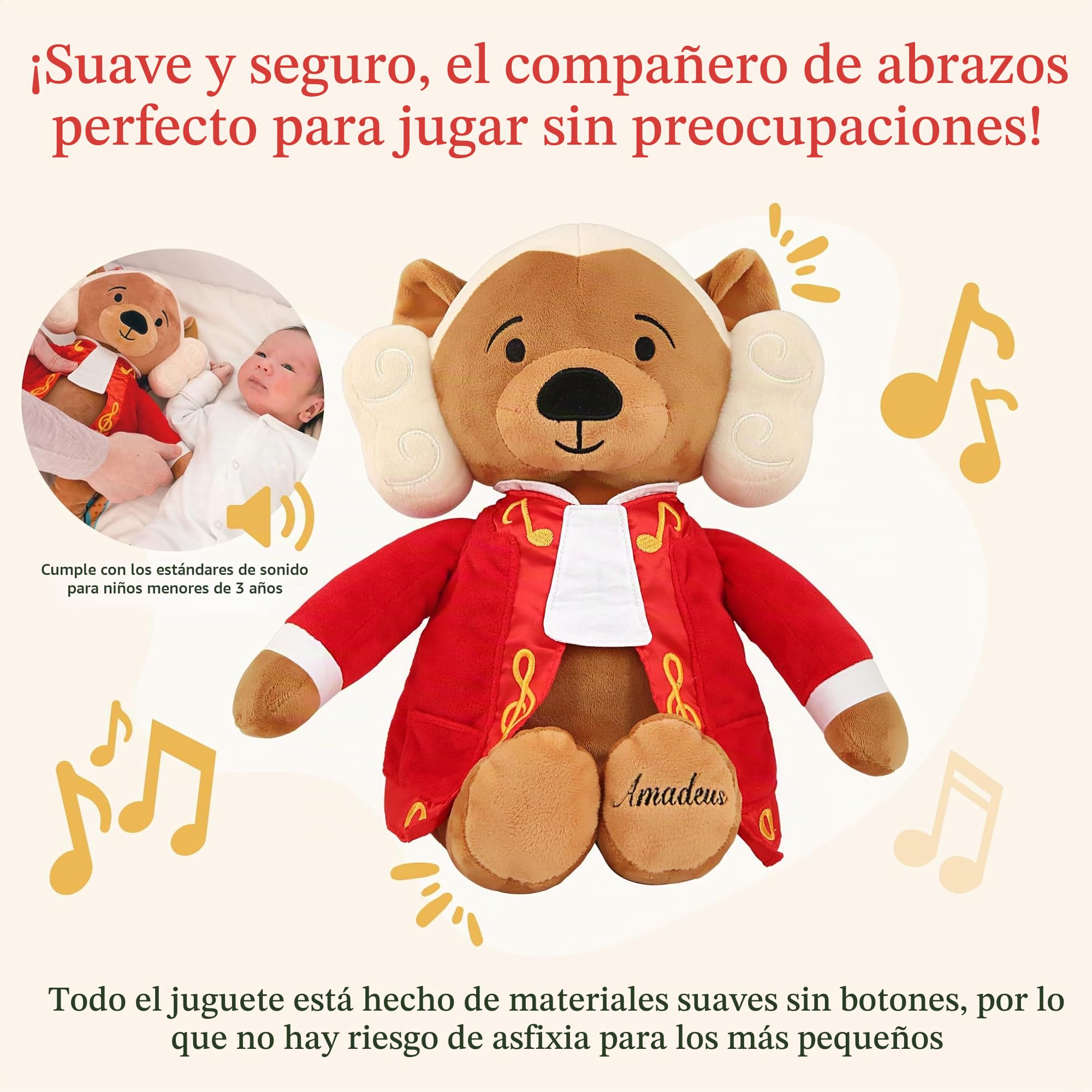 Amadeus Mozart Oso Virtuoso, 40 Minutos de Música Clásica, Peluche Musical Premiado 15″, Juguete Educativo