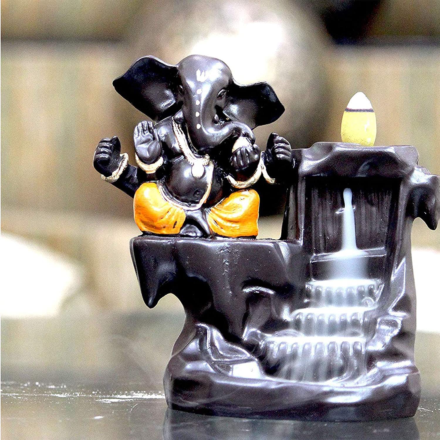 STARDOM MART Microfiber Lord Ganesha Smoke Backflow Cone Incense Holder Showpiece Gold, Smoke Backflow Scented Cone Incenses (Black)
