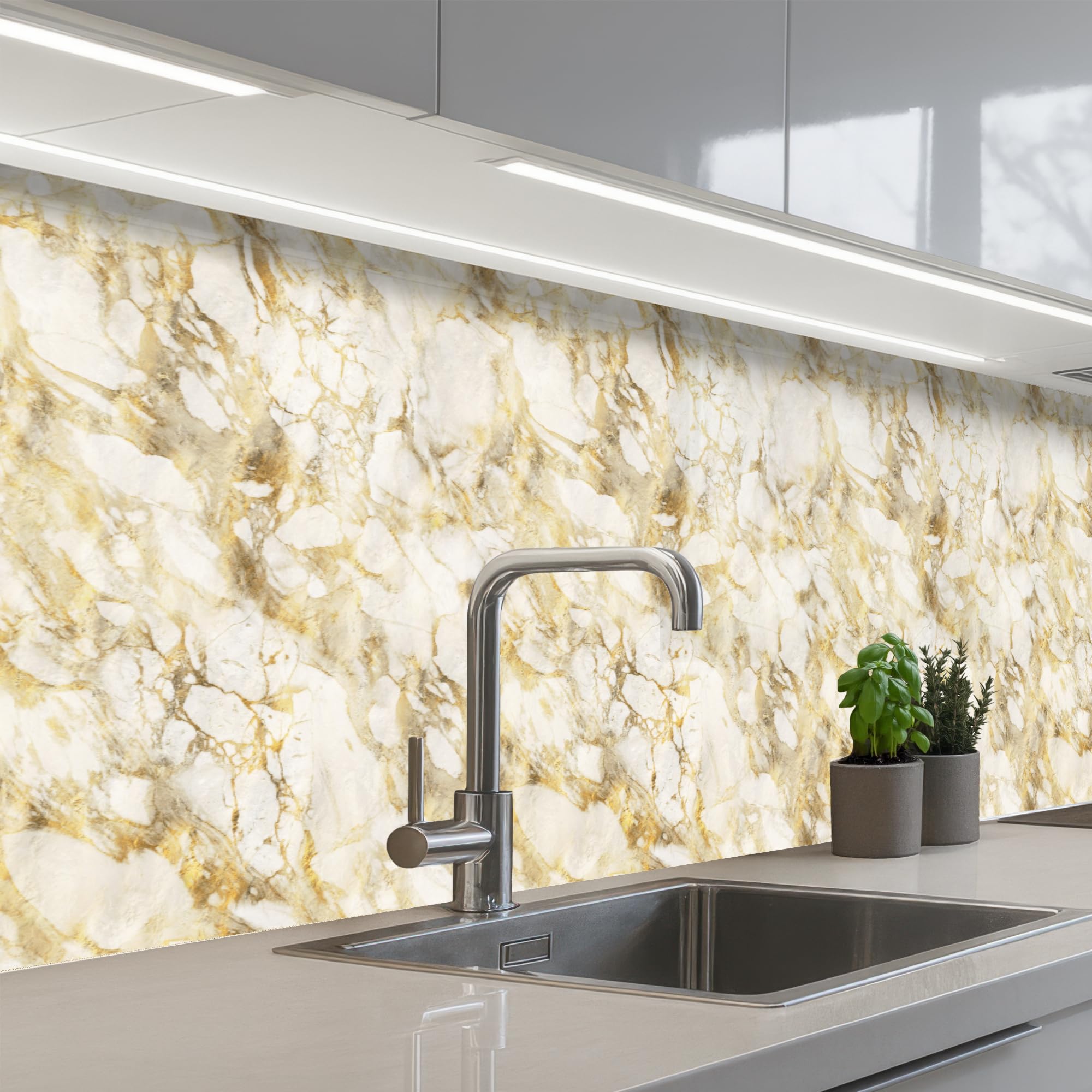 KitchenYeah© Splashback for kitchen 24"x118" / 60x300 cm self-adhesive Sink Splash Splatter Guard Splashbacks Walls Warm - Gold - Marble - Pattern