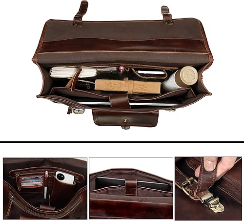 Miniatura 5 de Bolso de mensajero de cuero premium marrón oscuro de 18 pulgadas para hombres y mujeres - Bolso de cuero para portátil, bolso Crossbaody, bolso,