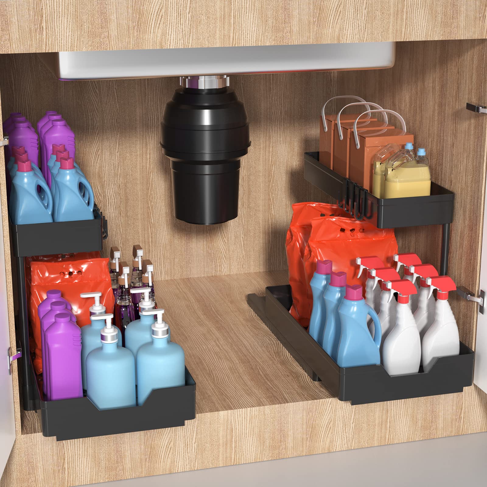 Minimalist Studio Under Sink Organizers and Storage 2 Pack L-Shape Kitchen Bathroom Organization, 2-Tier Sliding Storage Under Bathroom Kitchen Sink Cabinet Organizer Shelf Pull Out with Drawer(Black)