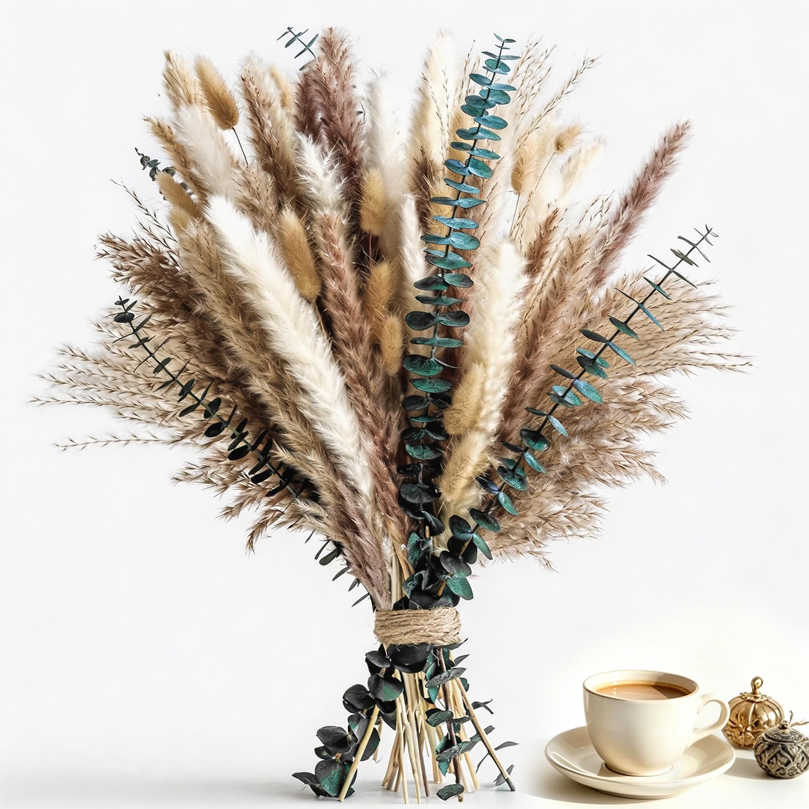 100PCS Natural Dried Pampas Grass Boho Bouquet - Exquisite Lavender and Eucalyptus Arrangements for Tables & Floors - Dried Floral Arrangement, Fall Grass & Stylish Olive Green Wall DΓ©cor