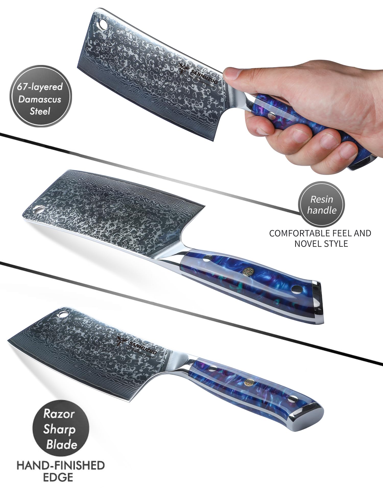 Mannaia Macellaio Cinese Coltello per Carne da Cucina Professionale 16,5 cm, Coltello da Chef Acciaio Damasco da 67 Strati- Impugnatura Ergonomica Resina - Xuan Series(Blu Zaffiro)