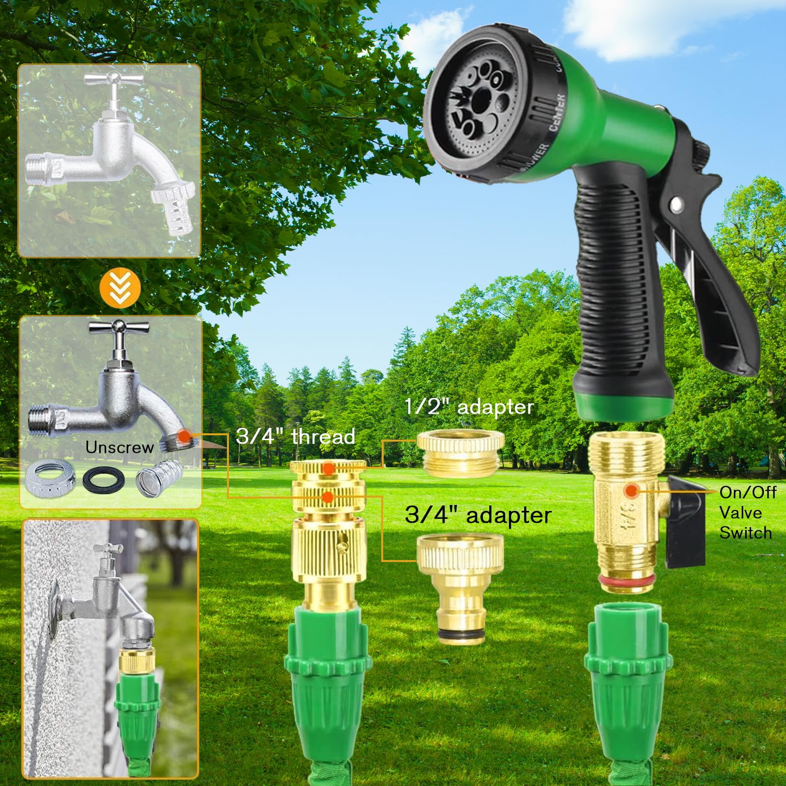 Tubo Acqua Giardino 60 Metri Tubo Estensibile da Giardino, Canna Acqua Giardino con 8 Funzioni Pistola, Tubo Irrigazione con Raccordi in Ottone da 1/2" e 3/4" Attacco (60M,Verde)