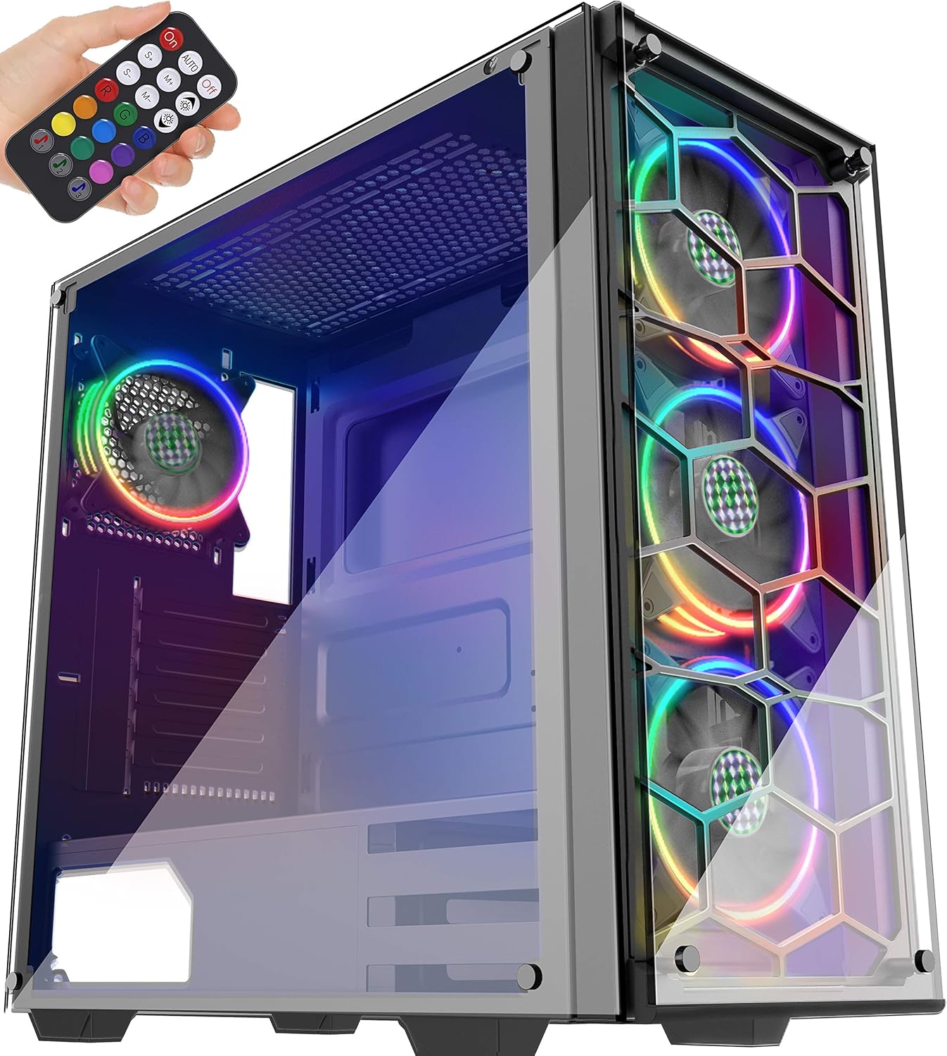 MUSETEX USB 3.0,ATX Mid-Tower Chassis Pre-Installed Voice Remote Control & 2 Translucent Tempered Glass Panels, Decent Cable Management/Airflow Gaming PC Case Computer Case