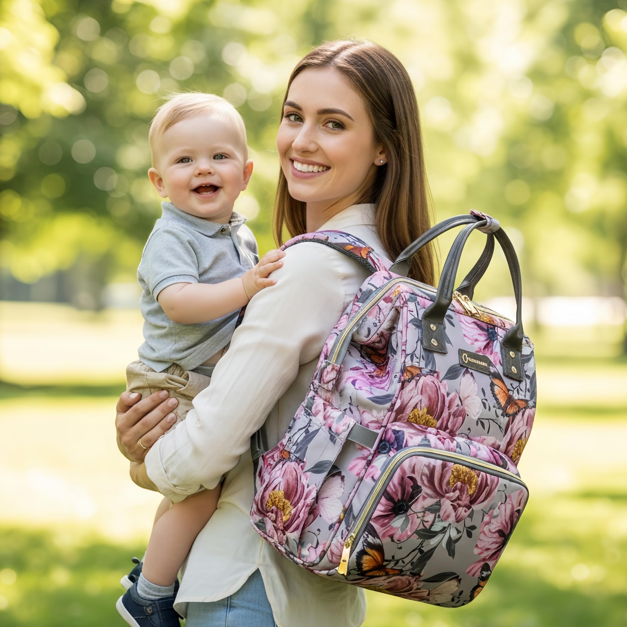 Borsa per pannolini con motivo floreale, con portamonete, porta di ricarica USB, cinghie per passeggino e tasca isolata, zaino da viaggio per donne/mamme (motivo floreale grigio rosa)