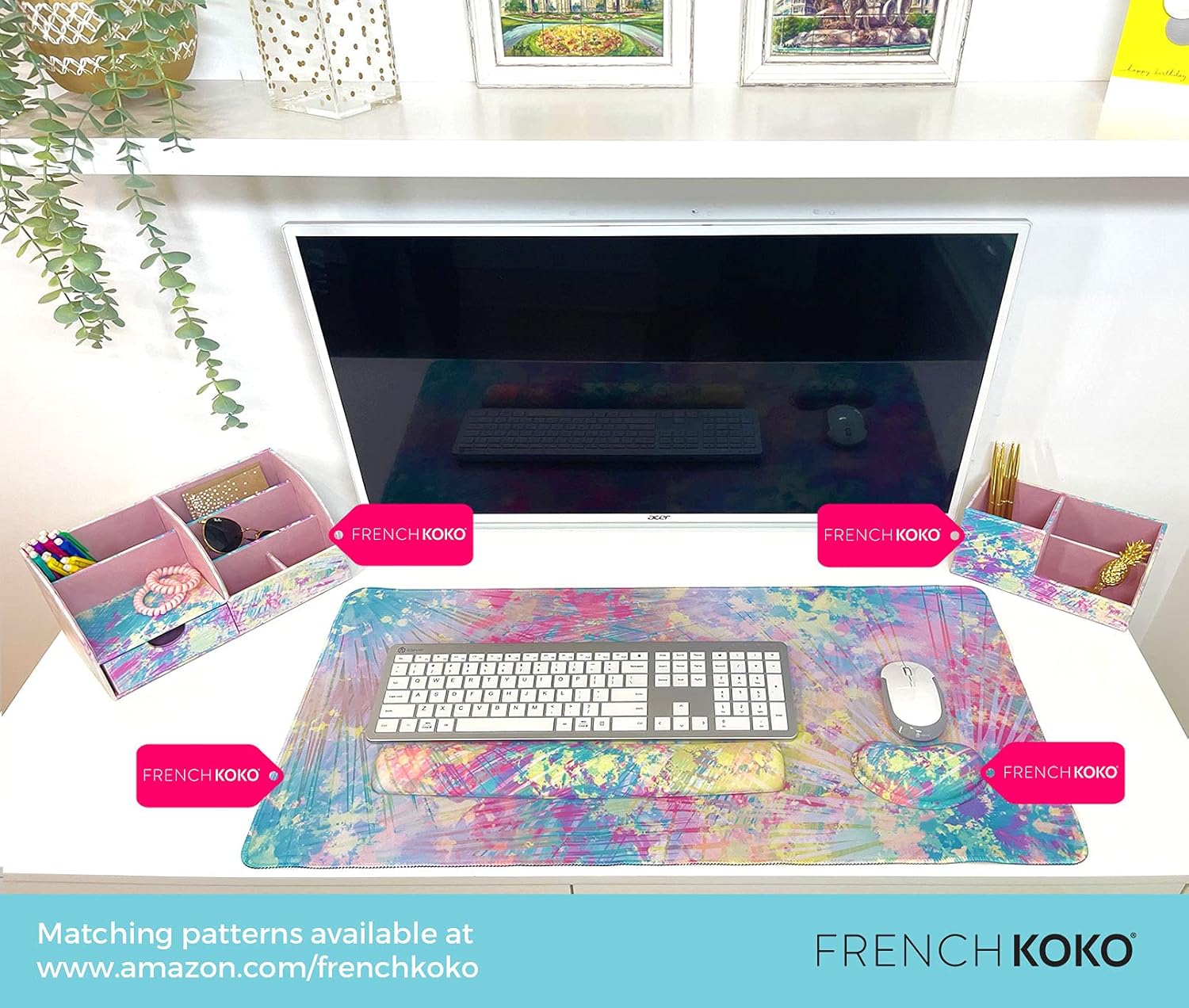 French KOKO Large PU Leather Desk Organizer Cute Pen Holder Office Pencil Holders Organizers Table Top Desktop Art Caddy Accessories Women Kids Girls Work School Storage Supplies (Tye Dye Love) : Office Products