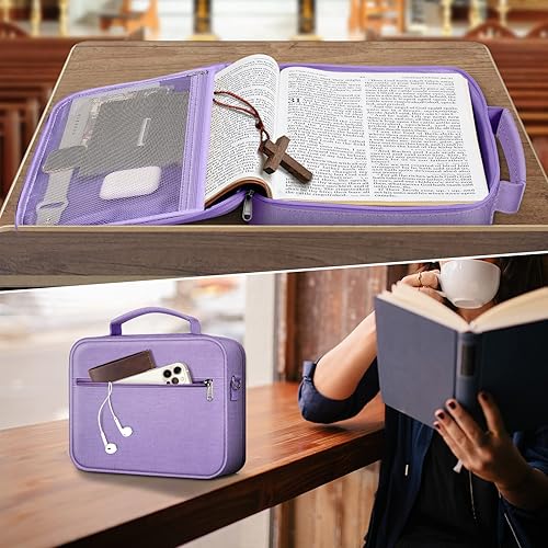 Miniatura 5 de FINPAC Funda grande para la Biblia con correa para el hombro, funda de transporte para libros, bolsa protectora para la Biblia con ranuras para