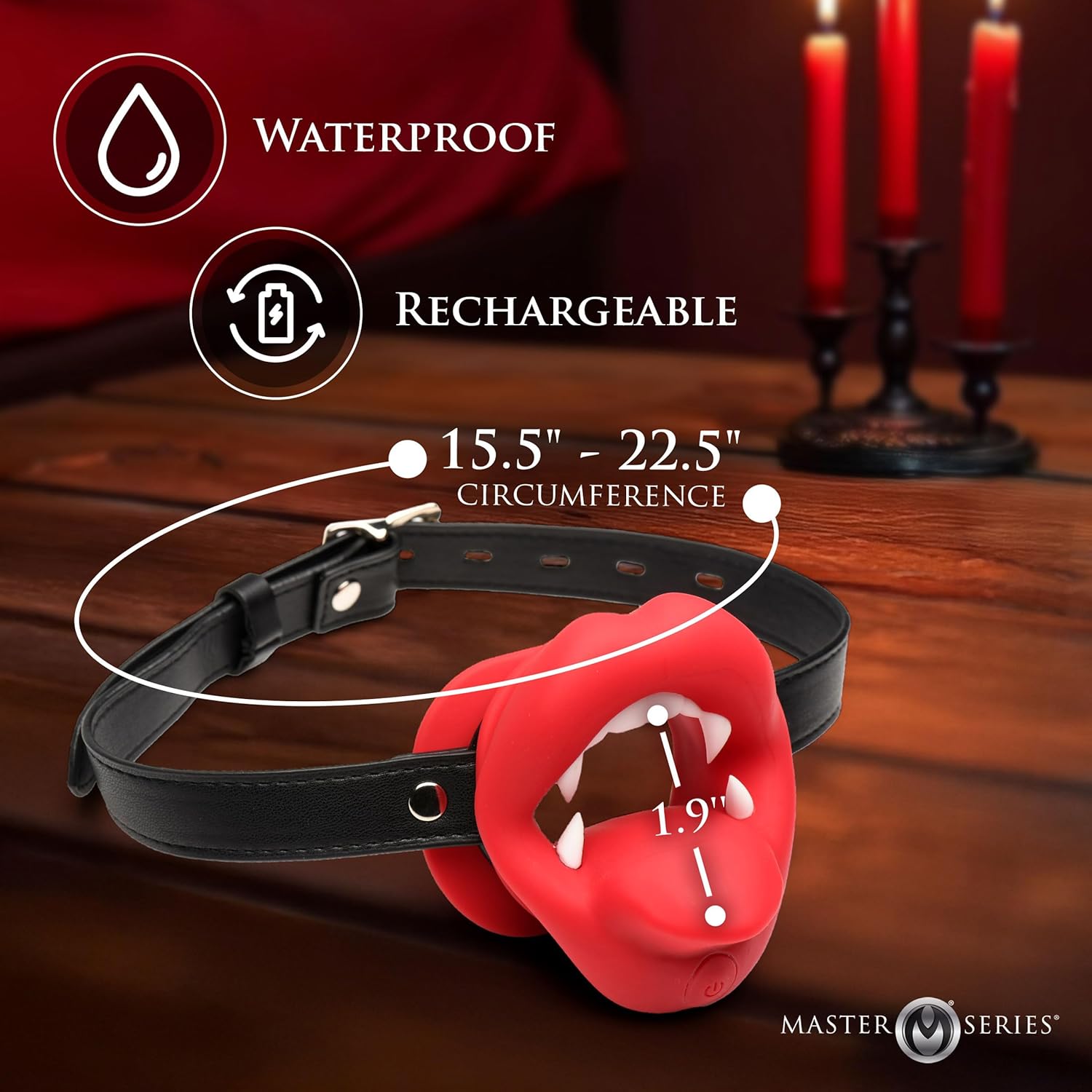 MASTER SERIES Vampire Vibrating Mouth Gag for Beginners, Men, Women, & Couples. Vampire Fangs and Big Lips. Premium Silicone. Waterproof and Rechargeable. 3 Pieces, Black & Red.