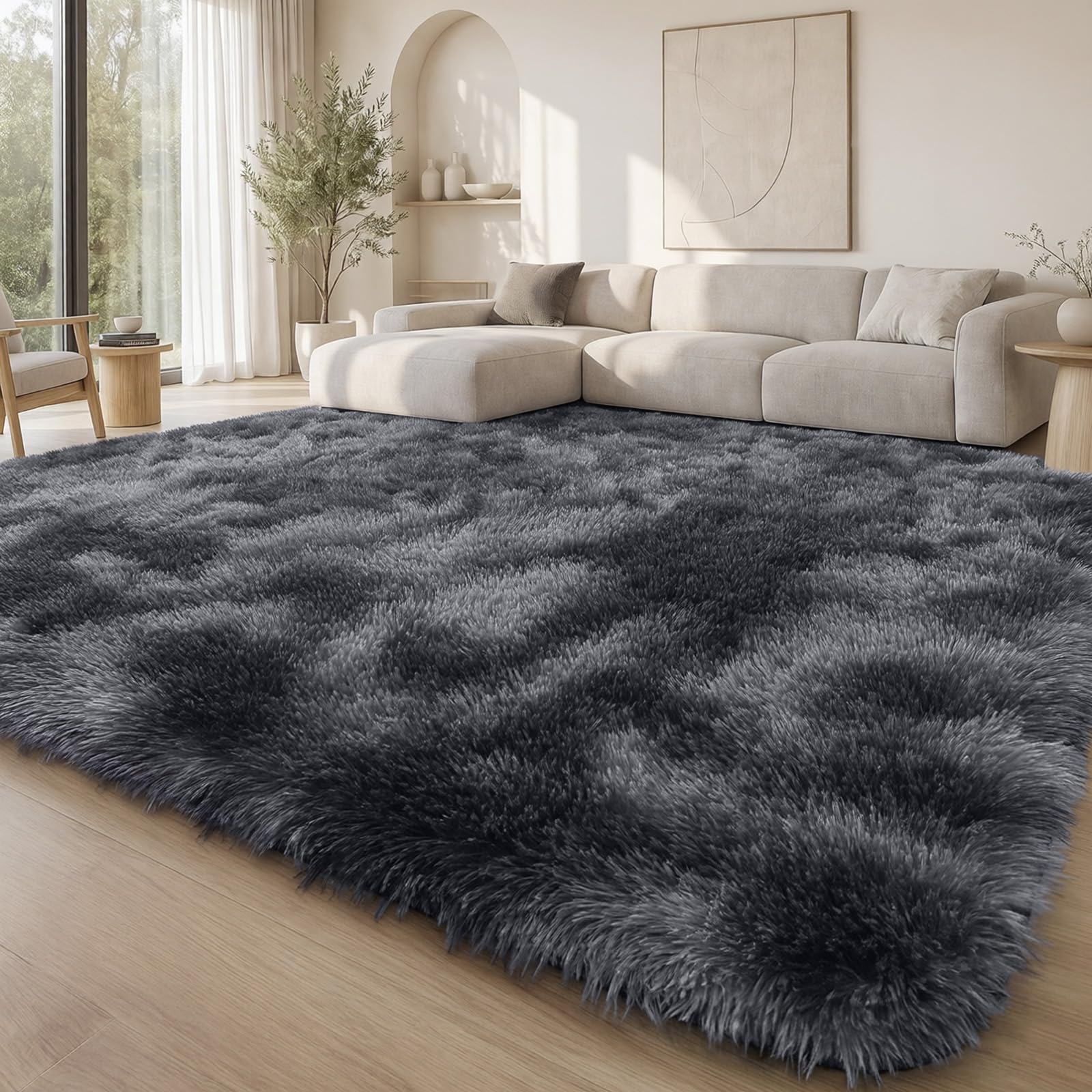 Homaxy Hochflor Tie Dye Groß Teppich Wohnzimmer 200 x 300 cm, Dunkelgrau | Rutschfest Waschbar Teppiche, Flauschig Modern Teppich fürs Kinderzimmer, Schlafzimmer