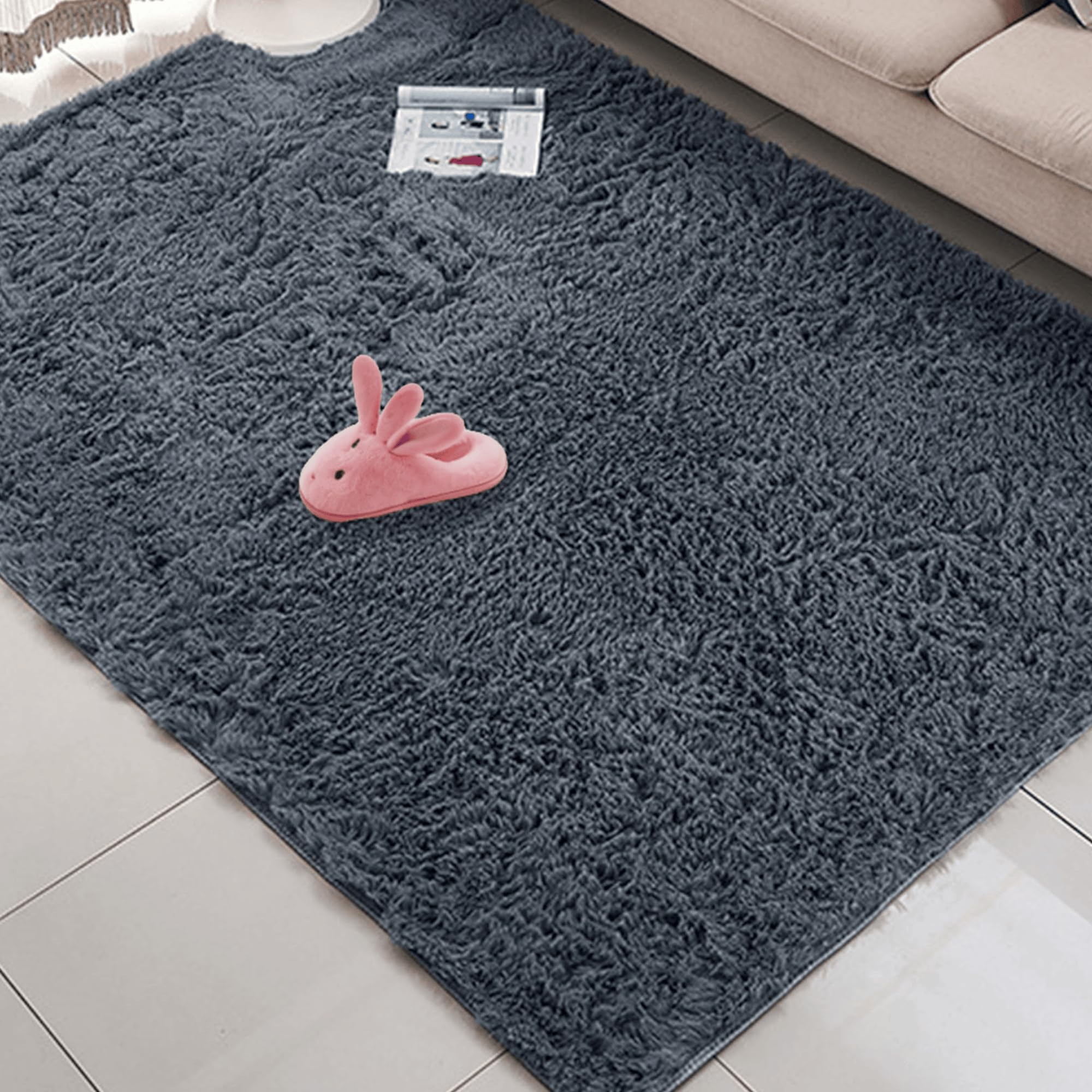 Tapis moelleux 300x300 cm grand tapis salon gris foncé haute densité