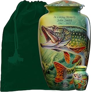 Bass Fish Urn, Fishing Cremation Urn, Personalized Large Funeral Urn with Keepsake and Velvet Bags
