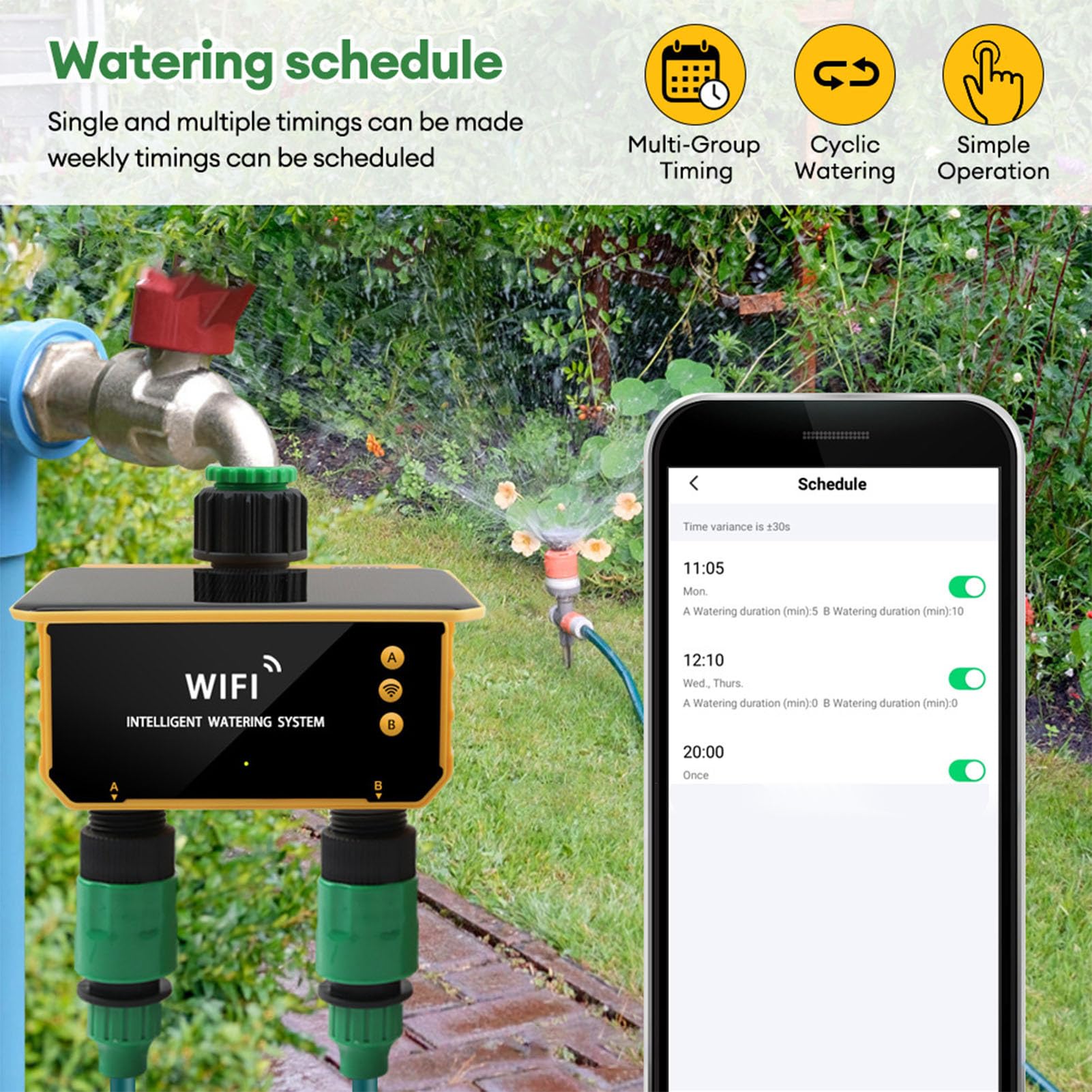 Temporizador de Riego Solar WiFi Temporizador de Riego Solar WiFi 2 Salidas con Sensor de Lluvia para Riego de Jardín