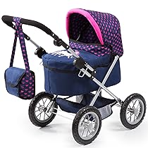 Bayer Design 13054AA Carrozzina per Bambole e Bambolotti, Passeggino per Bambola con borsa, pieghevole, regolabile in altezza blu con unicorno