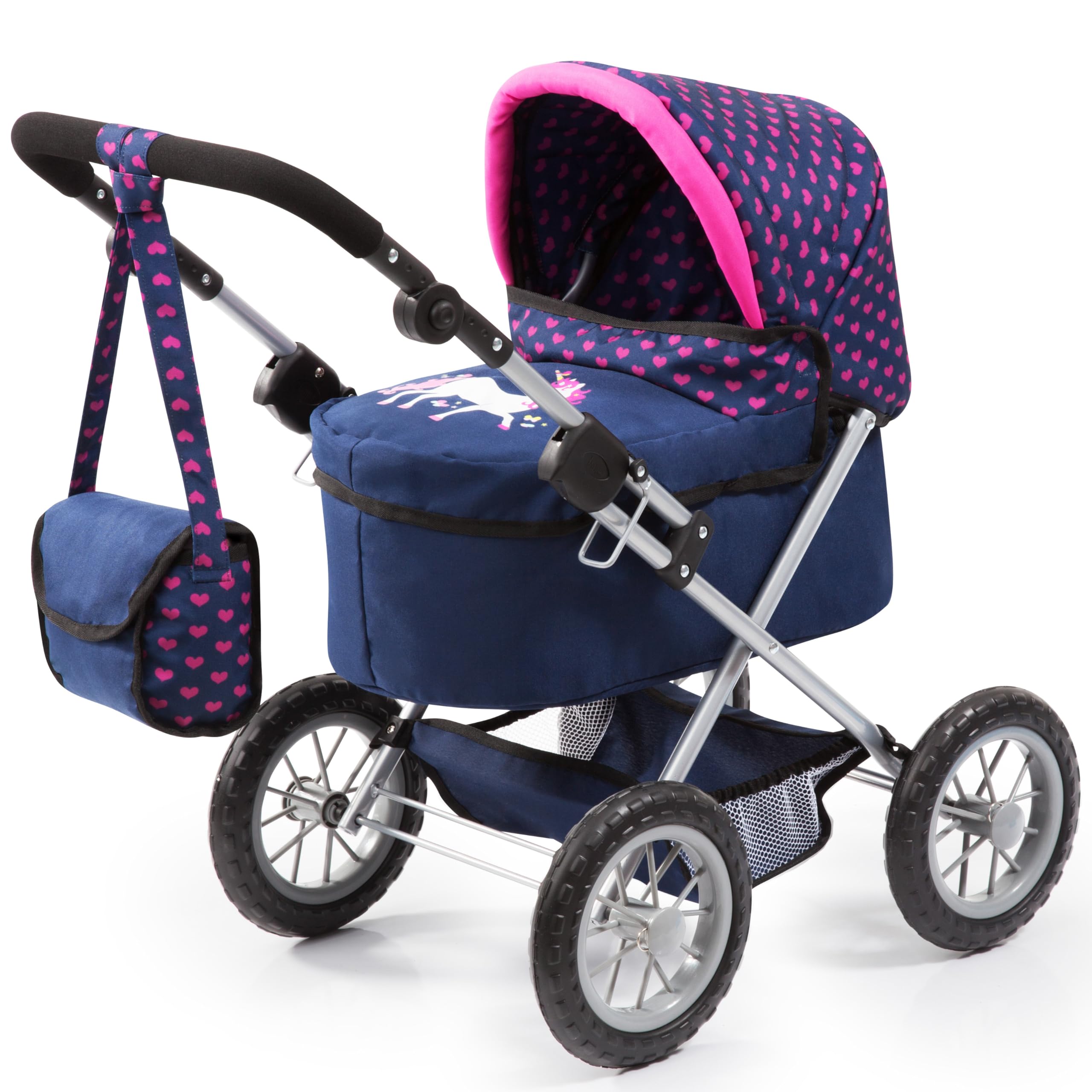 Trendy Pram - Blue, Pink, Hearts - Includes Shoulder Bag, Fits Dolls Up to 18", Adjustable Handle, Kids Pretend Play, Shopping Basket