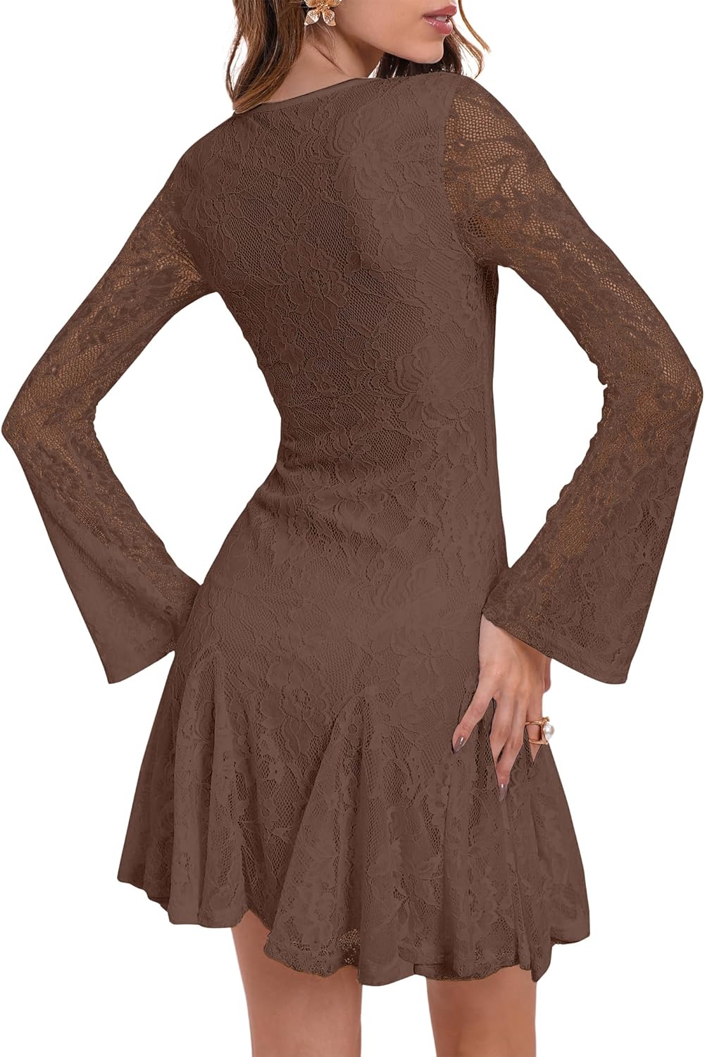 HYPERFIRE Women's Square Neck Floral Lace Mini Dress Flowy Short Dress Mesh Night Out Dresses Club Outfit - Image 2