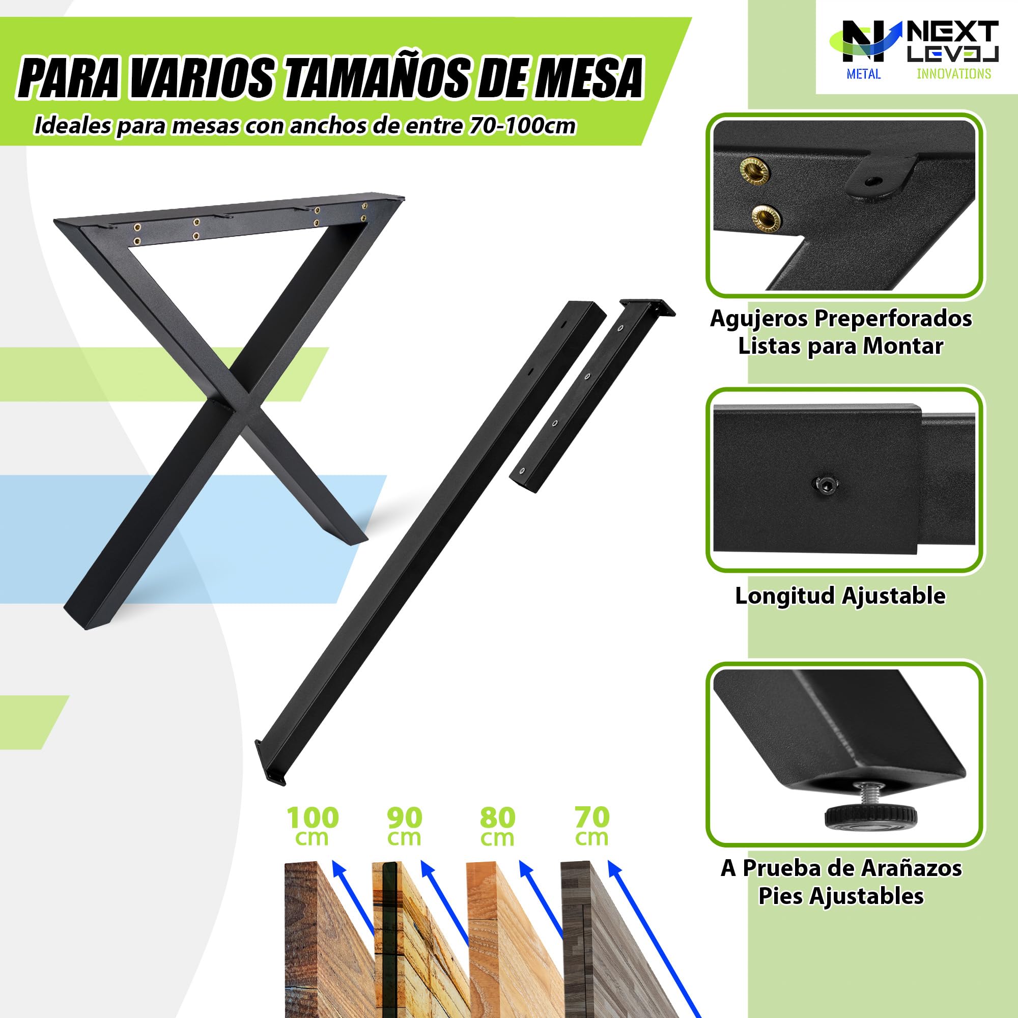 NEXT LEVEL - Patas para Mesas, 65x74cm, Perfil 80x40mm, Incluye Tirantes para la Estabilidad, Compatible con Madera y Cristal y Anchos de 70-100cm, Ideal para Escritorio y Comedor