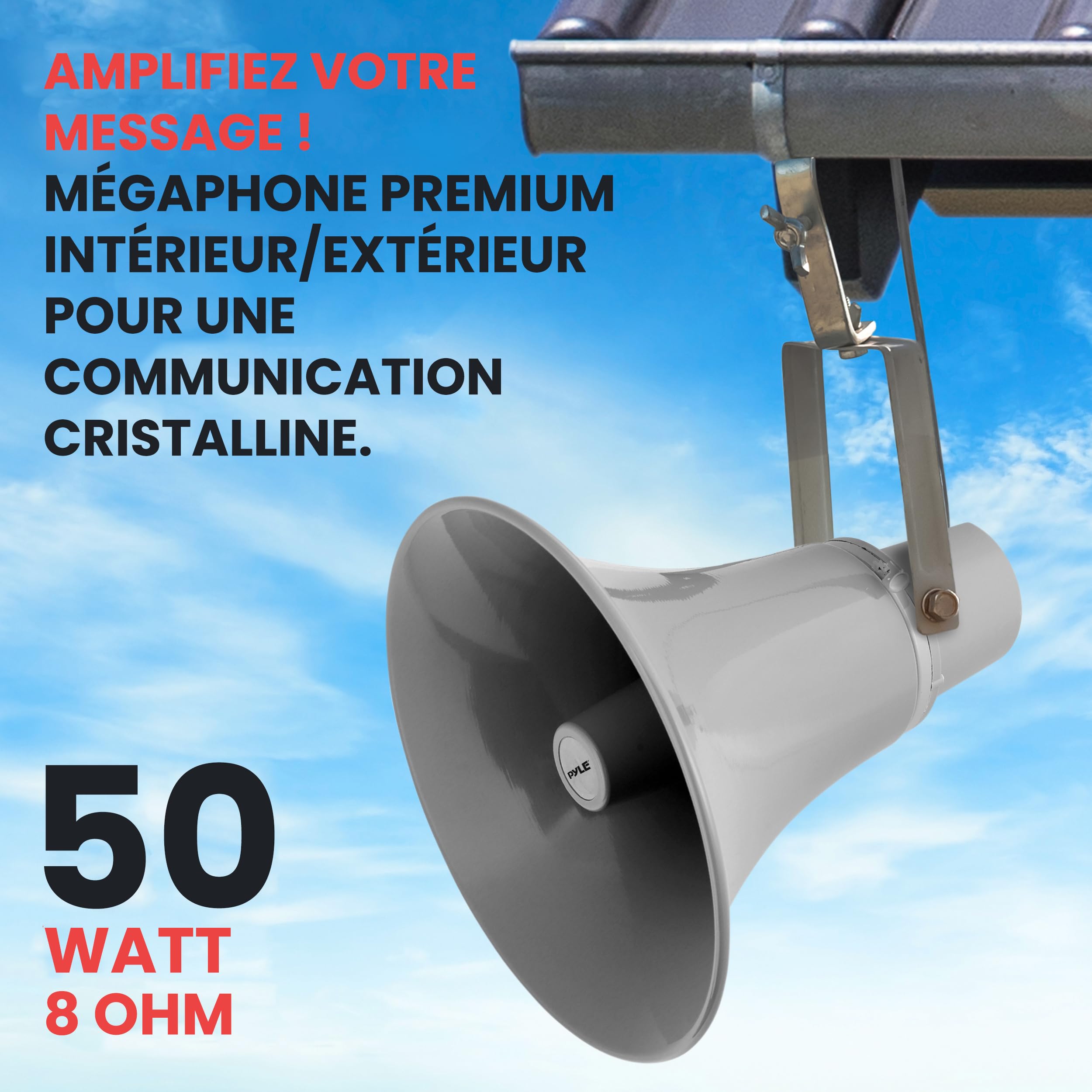 Pyle Haut-Parleur Pavillon 70V 50W 34,3 cm (13,5") – Enceinte PA Intérieur/Extérieur 8 Ohm, 105 DB, Ligne 70 Volts, Support de Montage