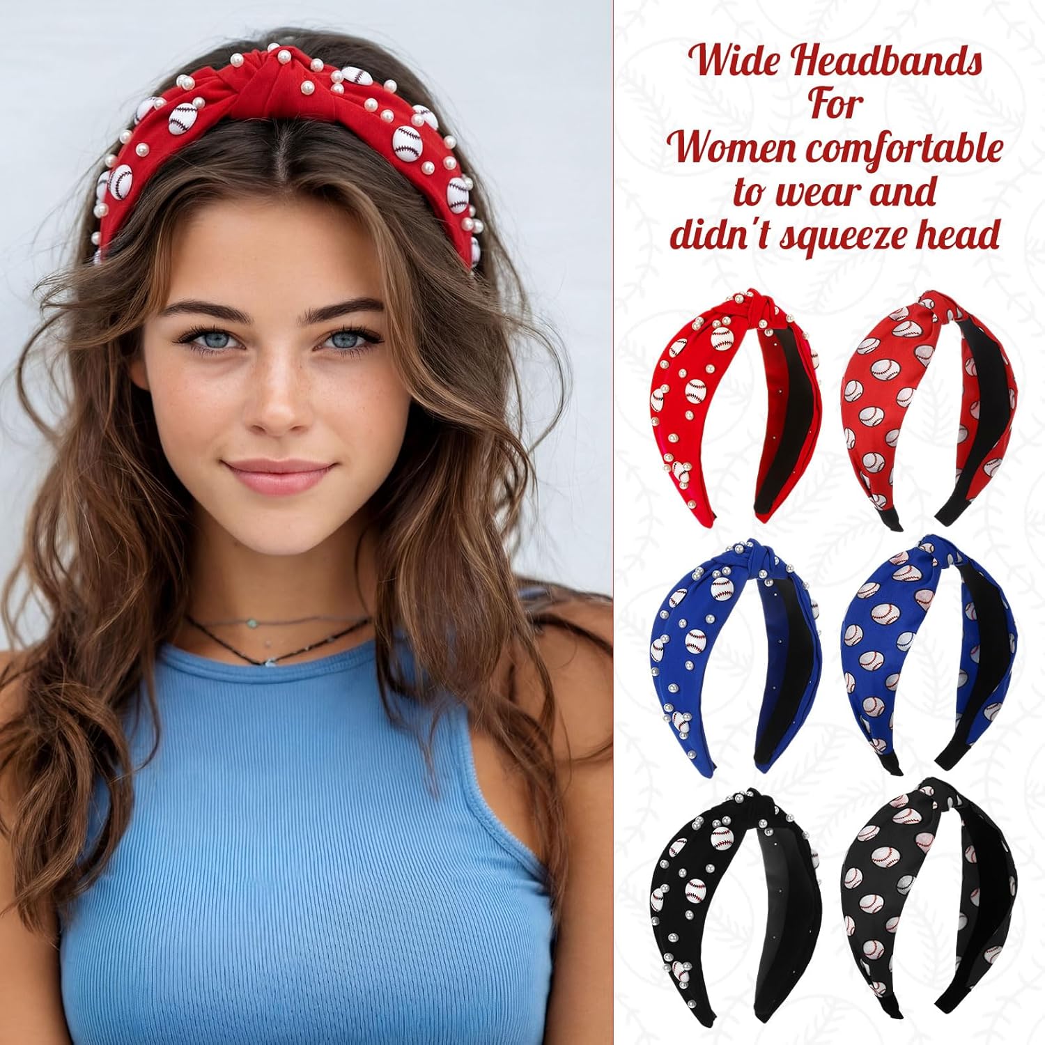Hoteam 6 Pieces Baseball Headband for Women Bulk Pearl Baseball Knotted Headbands Wide Top Game Day Hair Accessories for Mom Essentials, Women, Sports Fan, Sport Themed Gifts, Red Blue Black